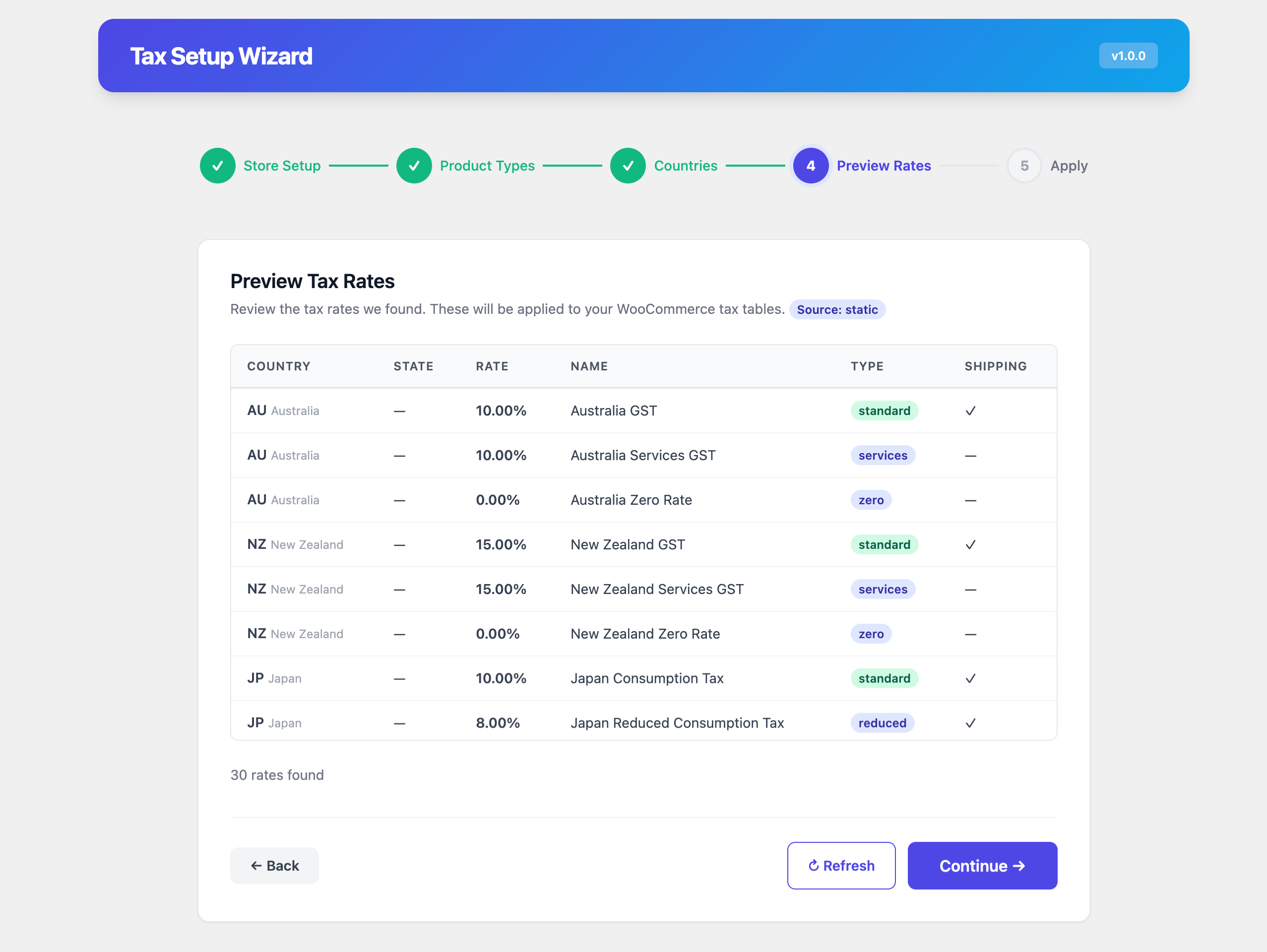 Setup Wizard — Rate Preview — Review every rate before it's applied to your store