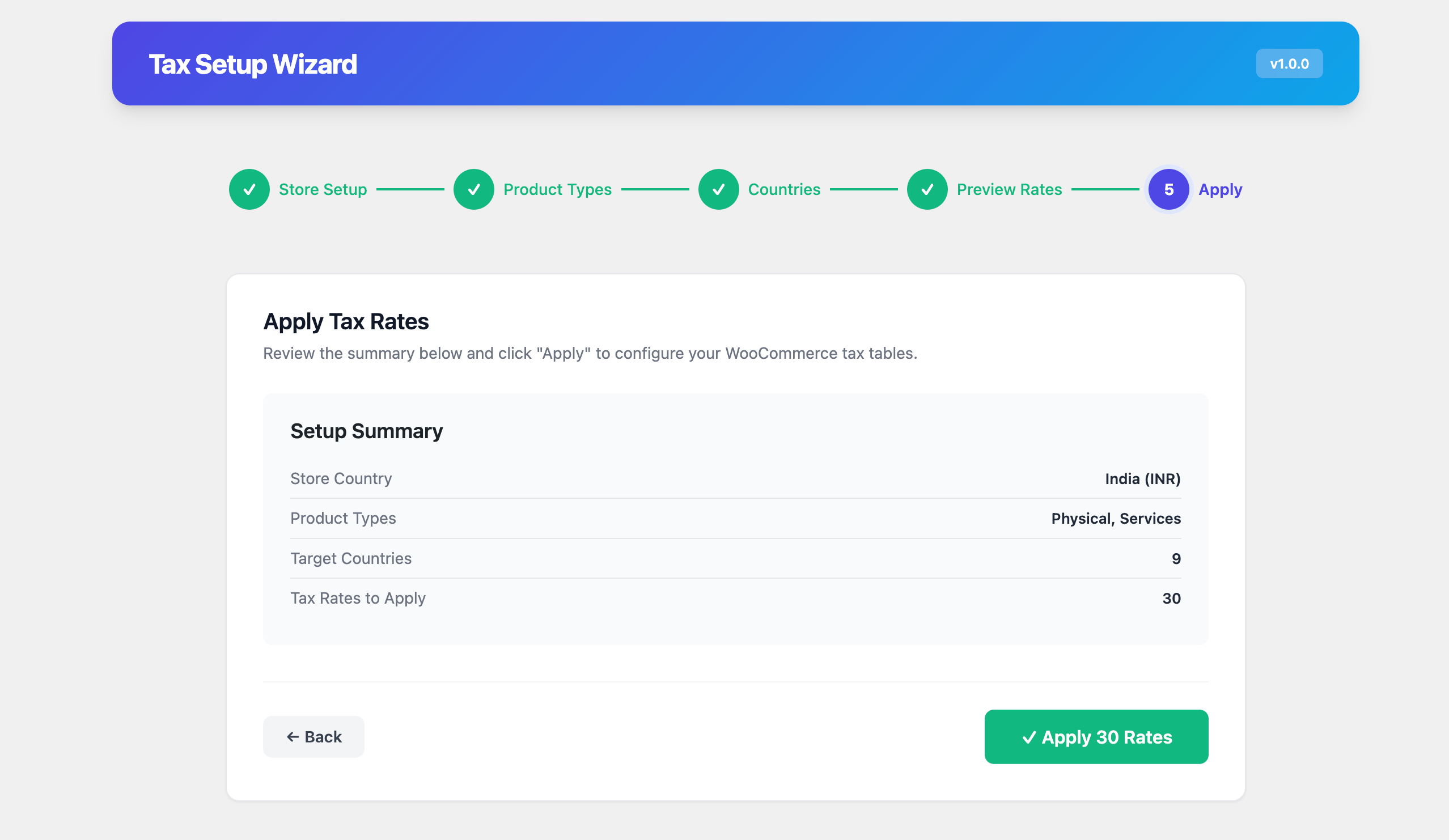 Setup Wizard — Apply Rates — One-click application with summary and confirmation
