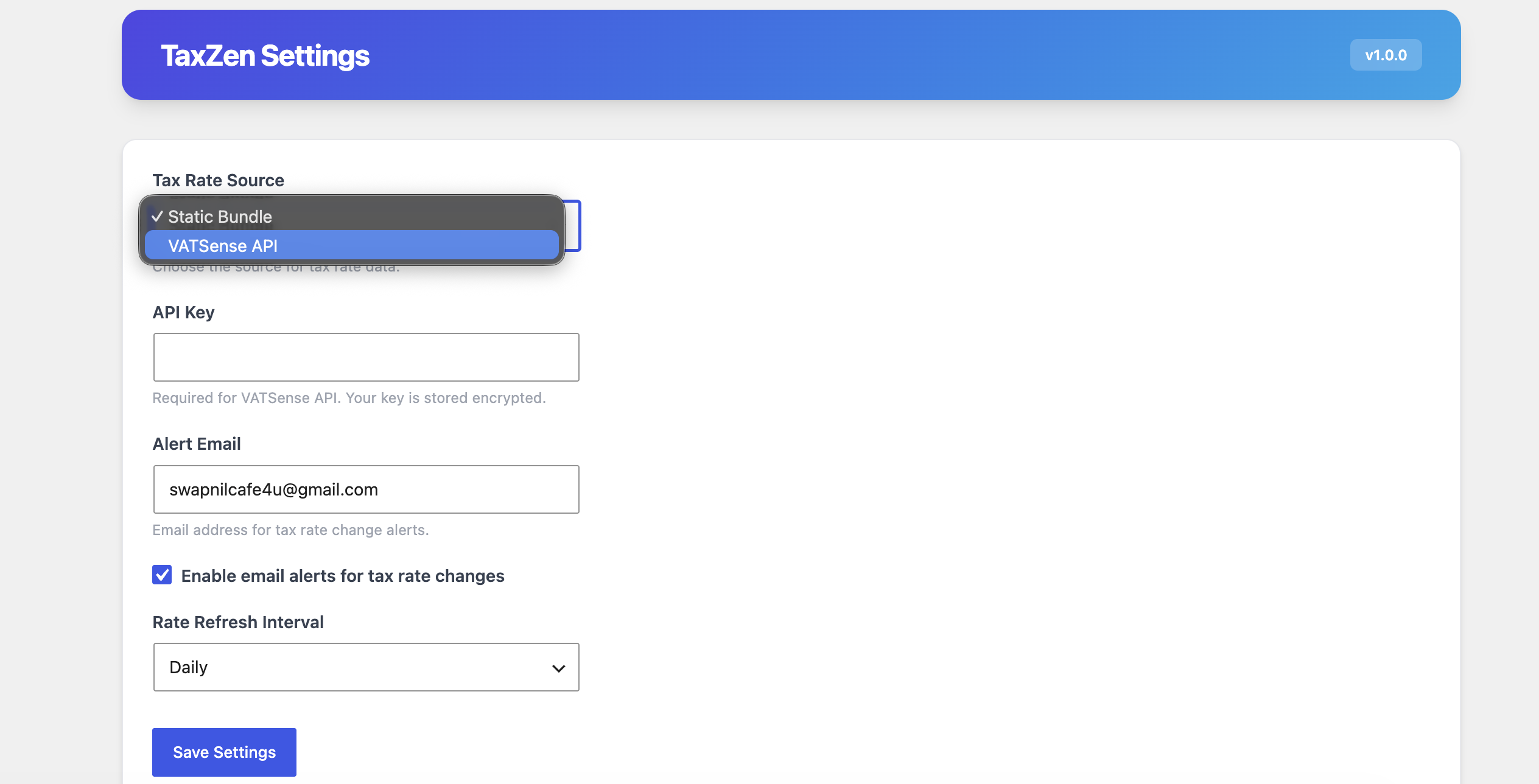 Settings — Configure rate source, API key, refresh interval, and alert preferences