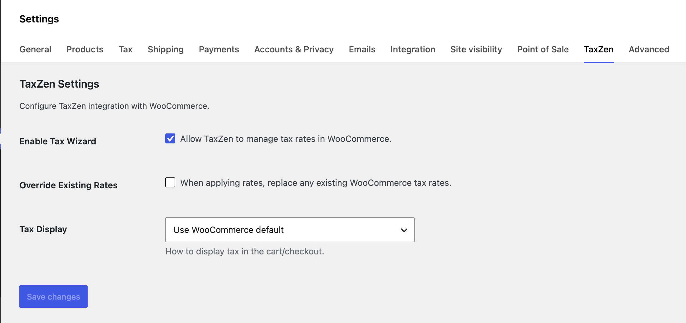 WooCommerce Tax Settings — Rates populated directly in WooCommerce tax tables