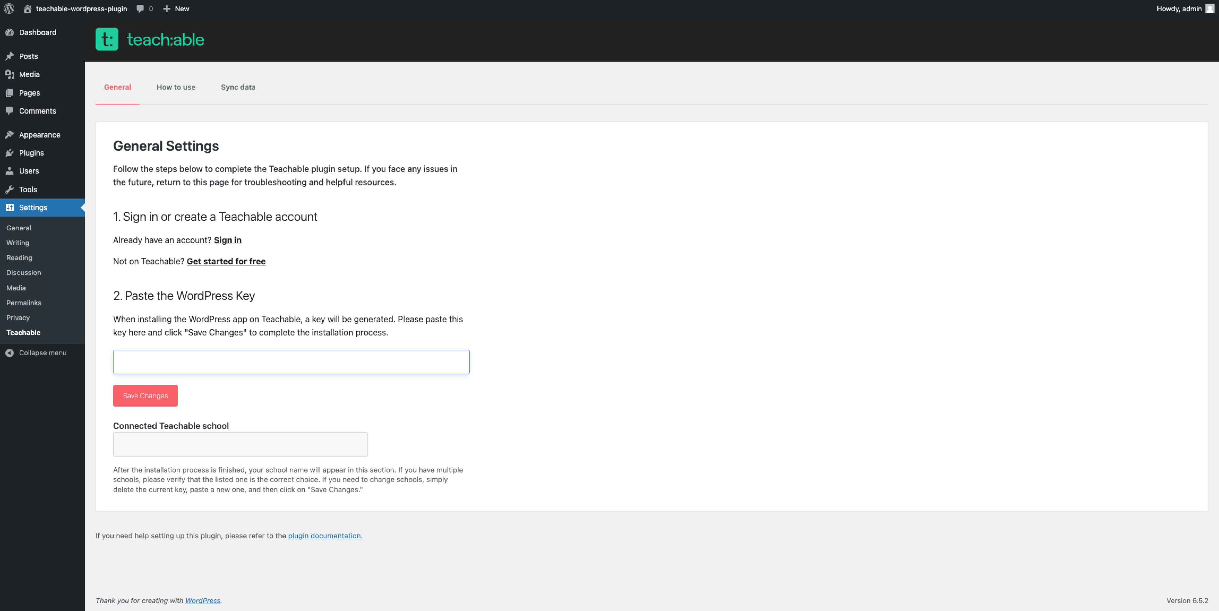 The settings page where you configure your Teachable integration.
