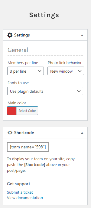 Team settings (admin view)