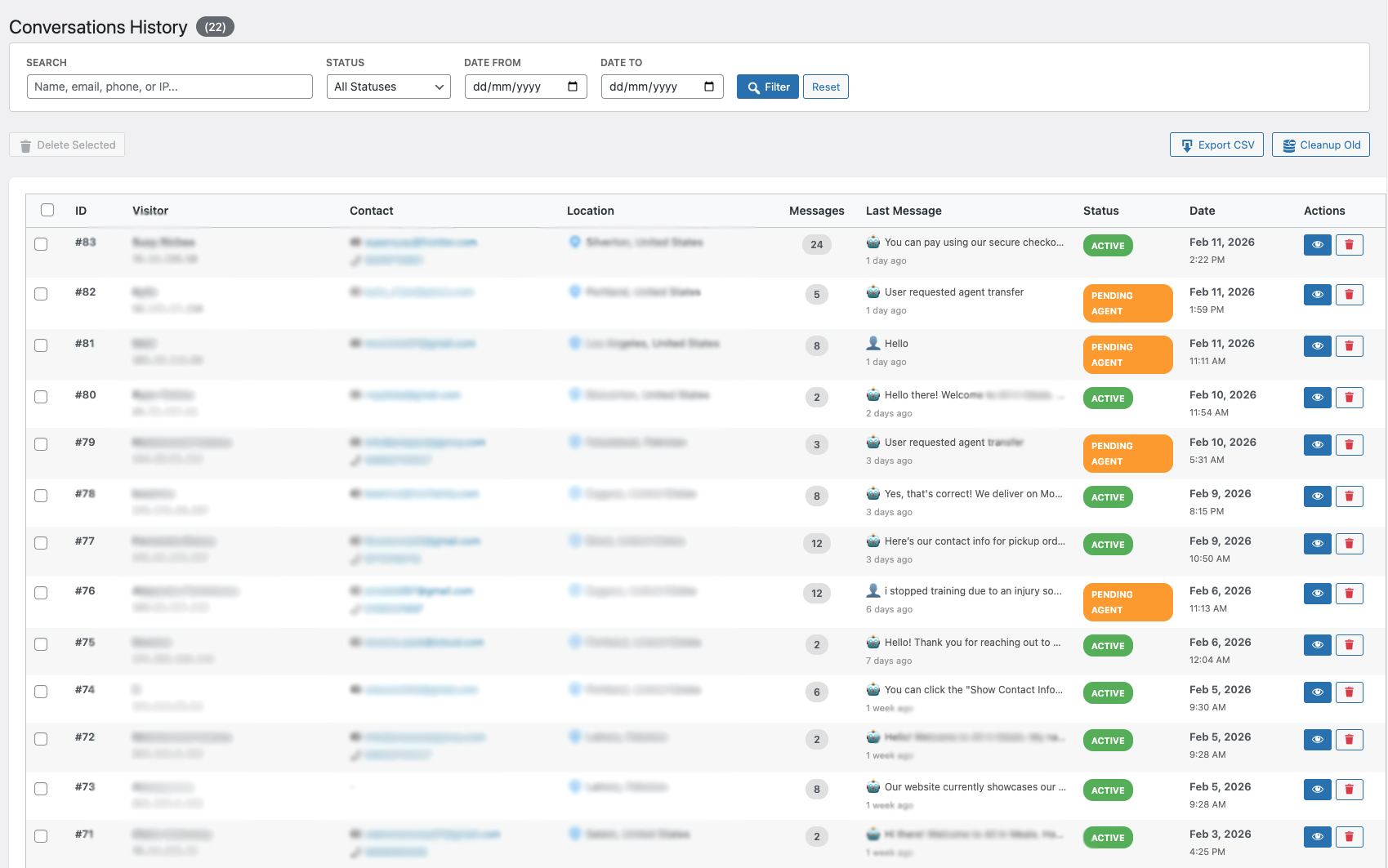 <strong>Admin Dashboard</strong> - Overview of conversations and statistics