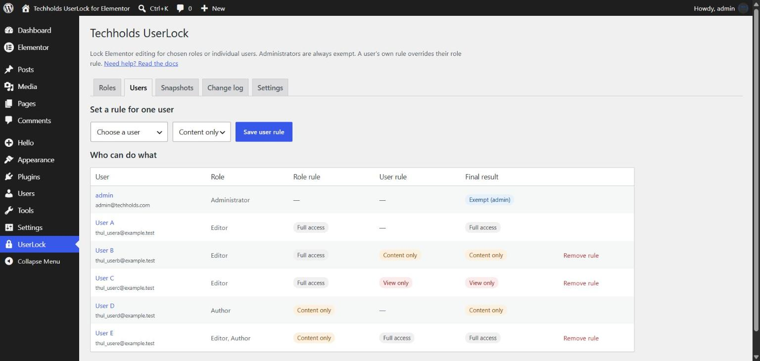User rules: lock one person and see every user's final result at a glance.