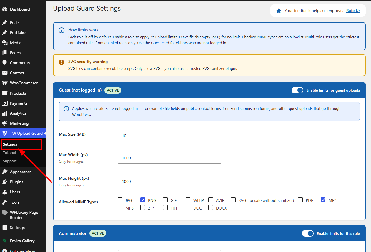 Screenshot 1: Upload Guard settings page