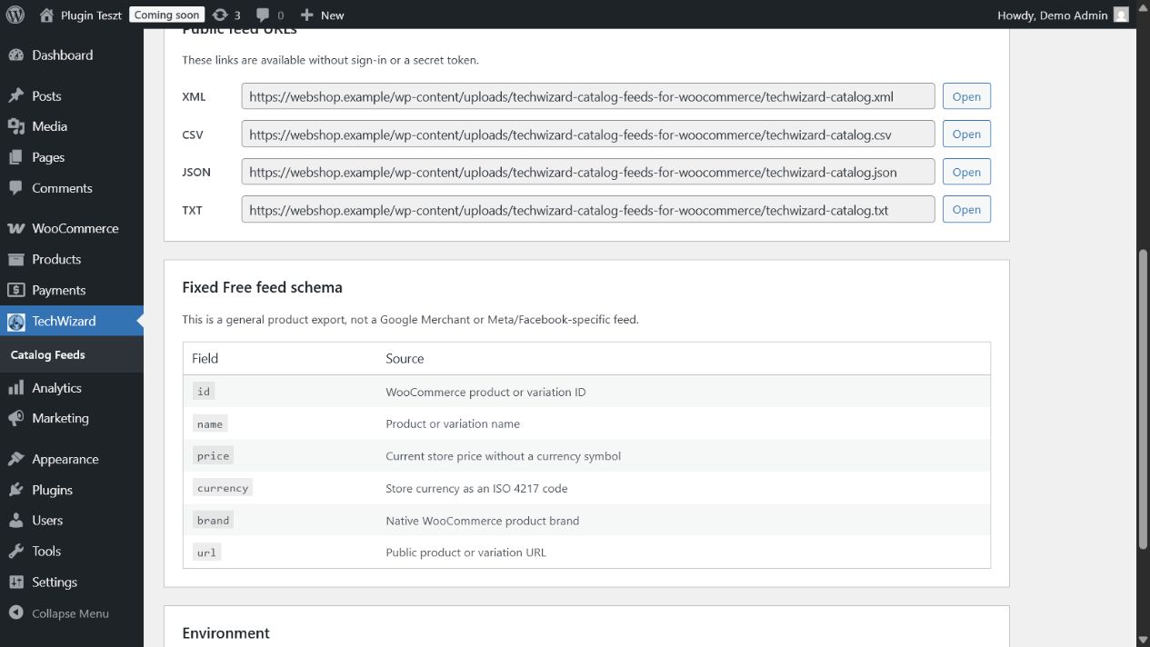 Stable public XML, CSV, JSON, and TXT URLs generated from one WooCommerce catalog.