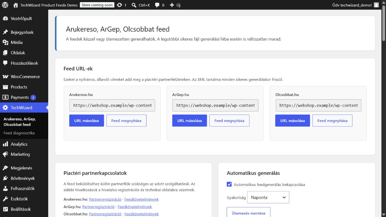 The TechWizard menu and stable olcsobbat.hu feed URL.