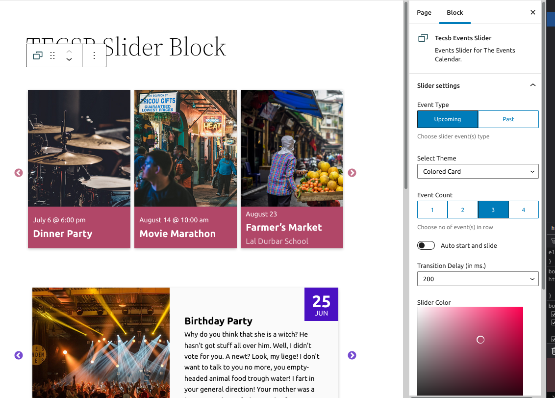 Block settings panel.