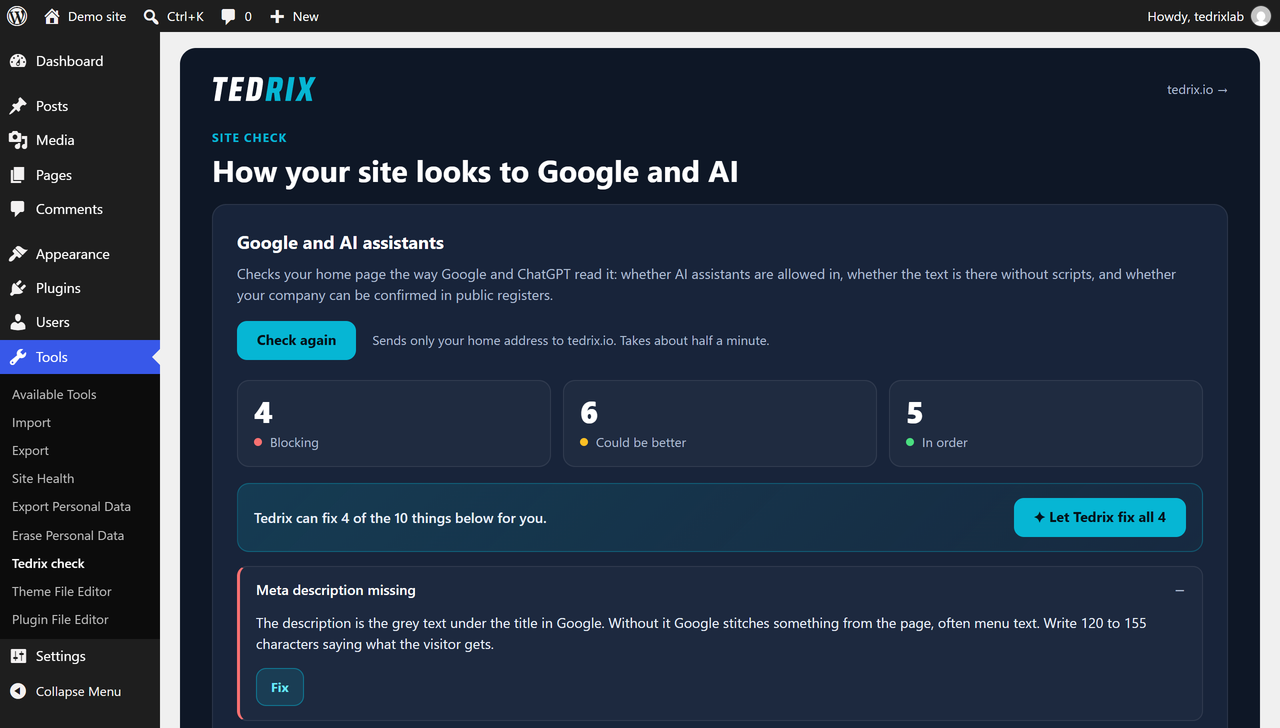 The Google and AI check: one click shows what keeps Google and AI assistants from reading your home page, and what to do about each point.