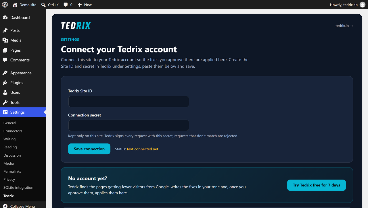 Settings: connect a Tedrix account if you want approved fixes applied for you. Optional.