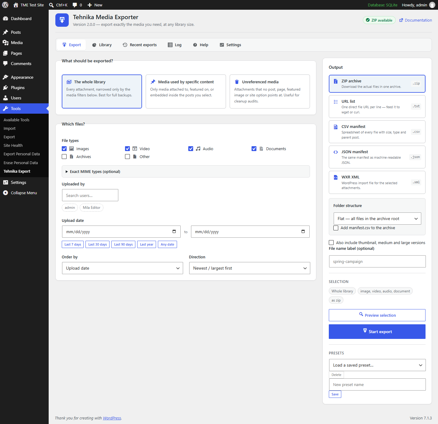 The export screen — scope, filters and output format in one pass, with a live selection summary and preview.