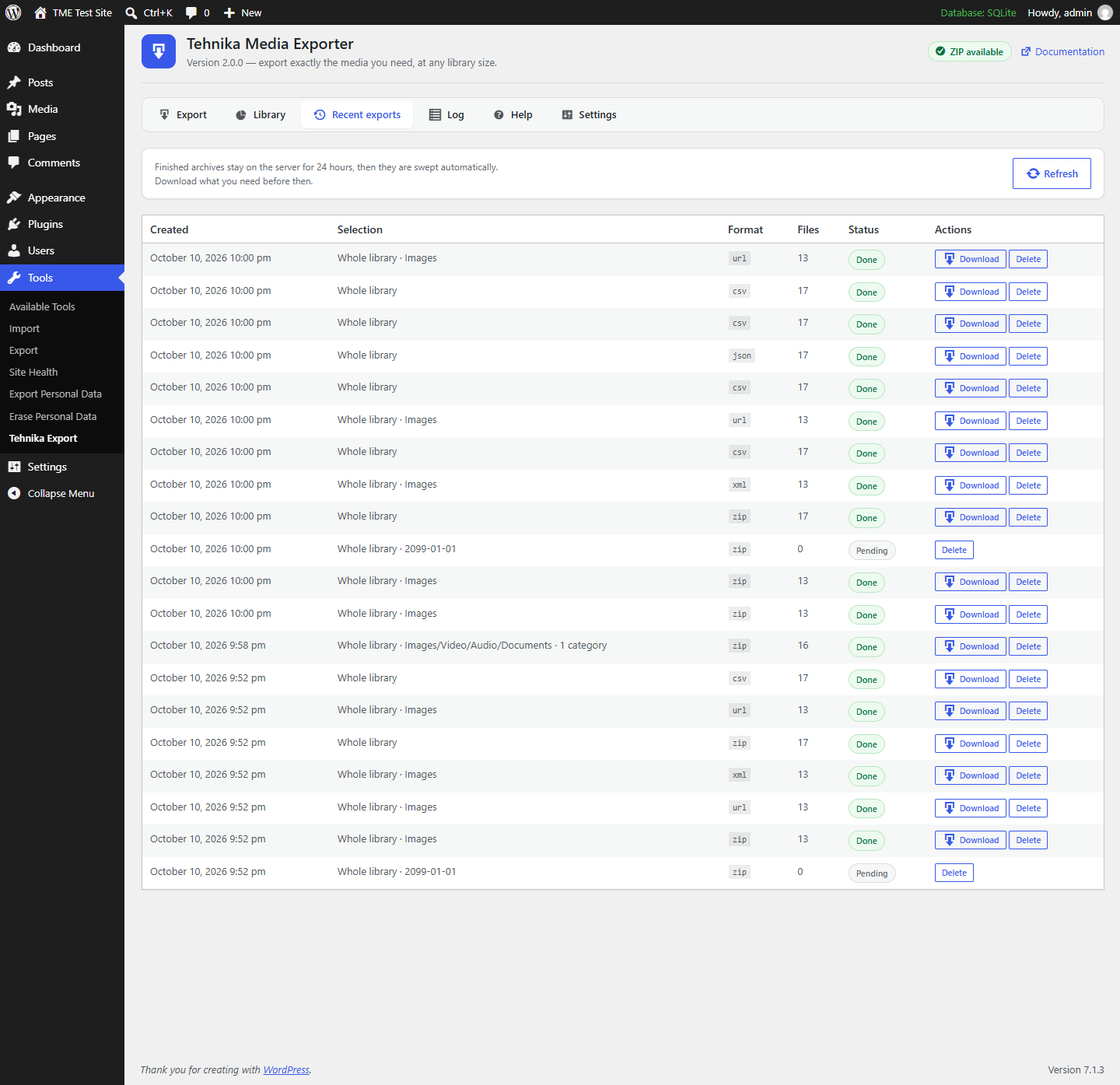 Recent exports — finished archives are kept on the server so you can download them again.