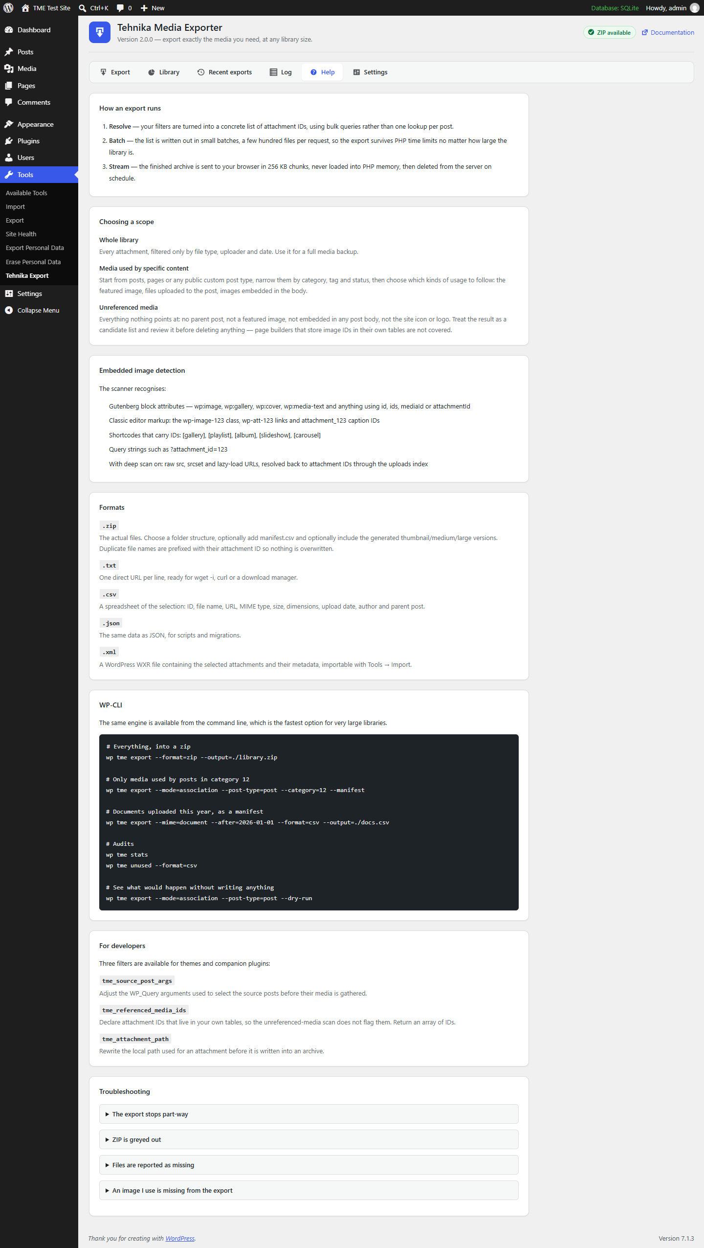 Help: how an export runs, the format reference, WP-CLI recipes and troubleshooting.