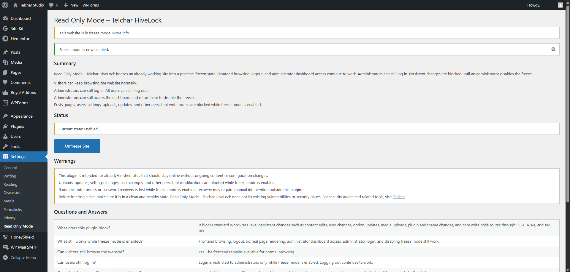 Plugin settings with freeze mode enabled