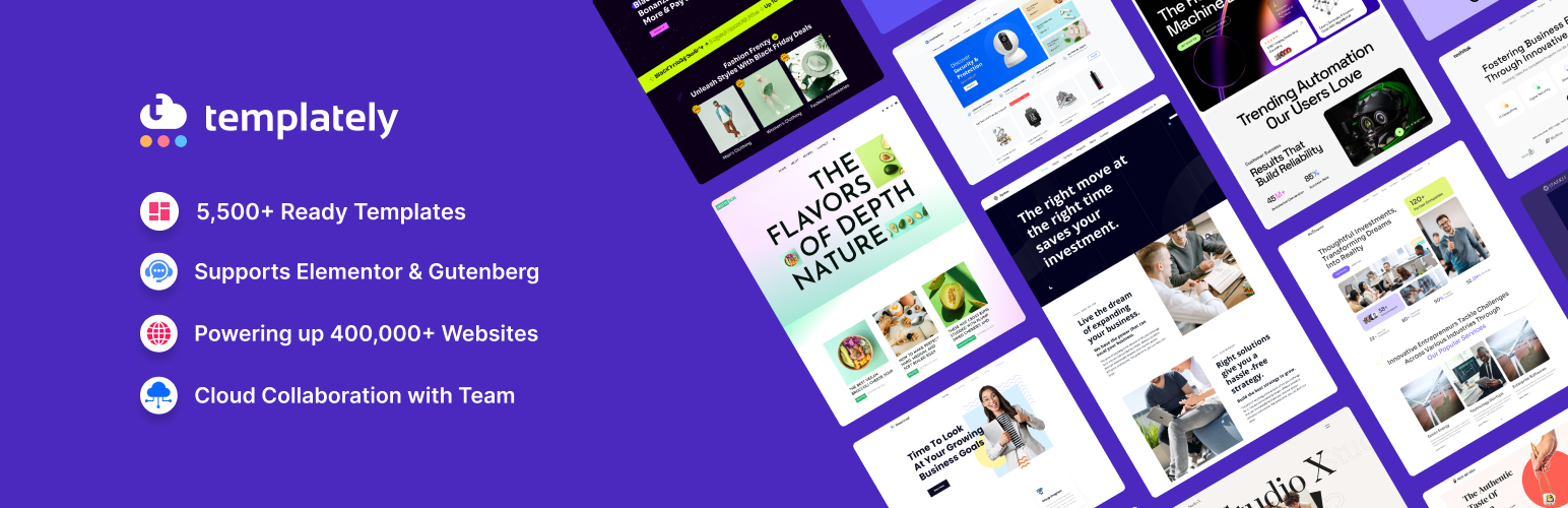 WordPress 外掛 Templately – Elementor & Gutenberg Template Library: 5500+ Free & Pro Ready Templates And Cloud! 的封面圖片。