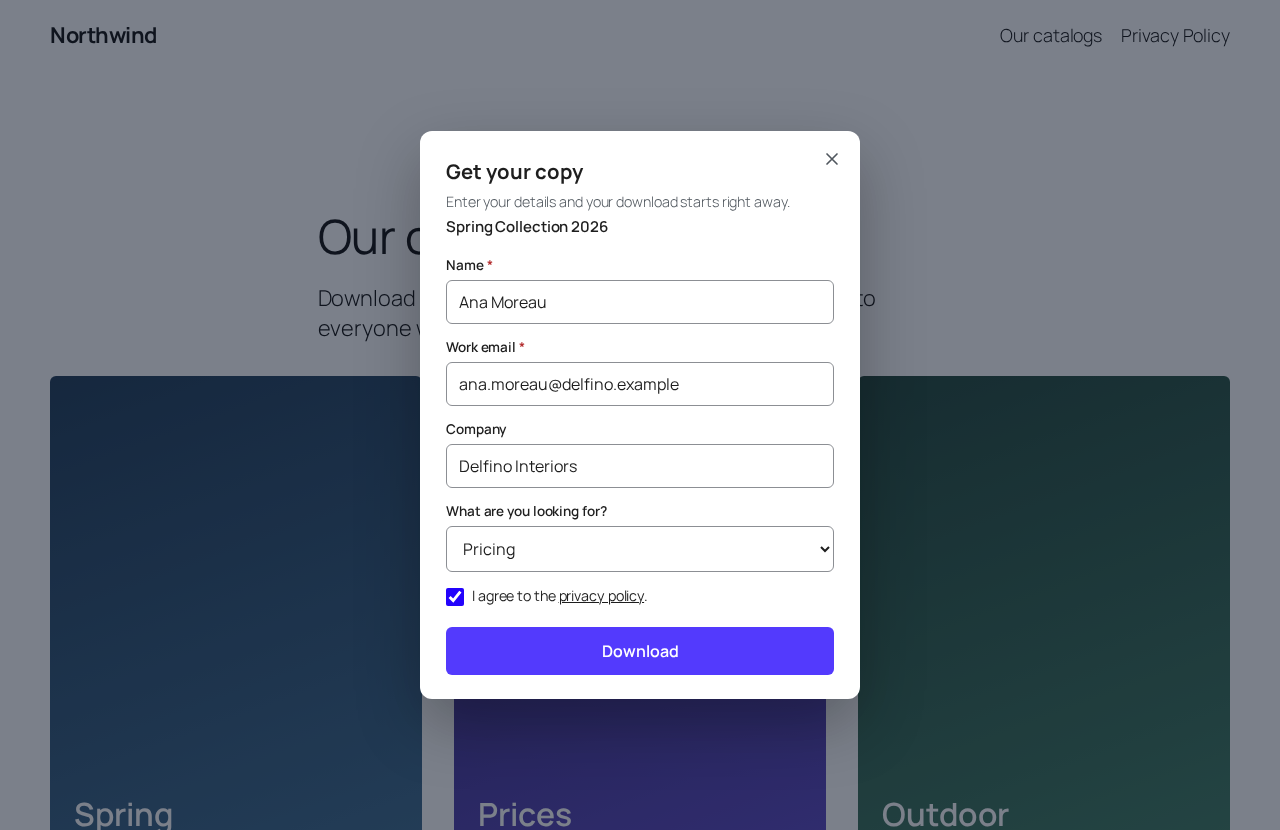 The download form on your site: visitors fill it in and the PDF opens in a new tab.