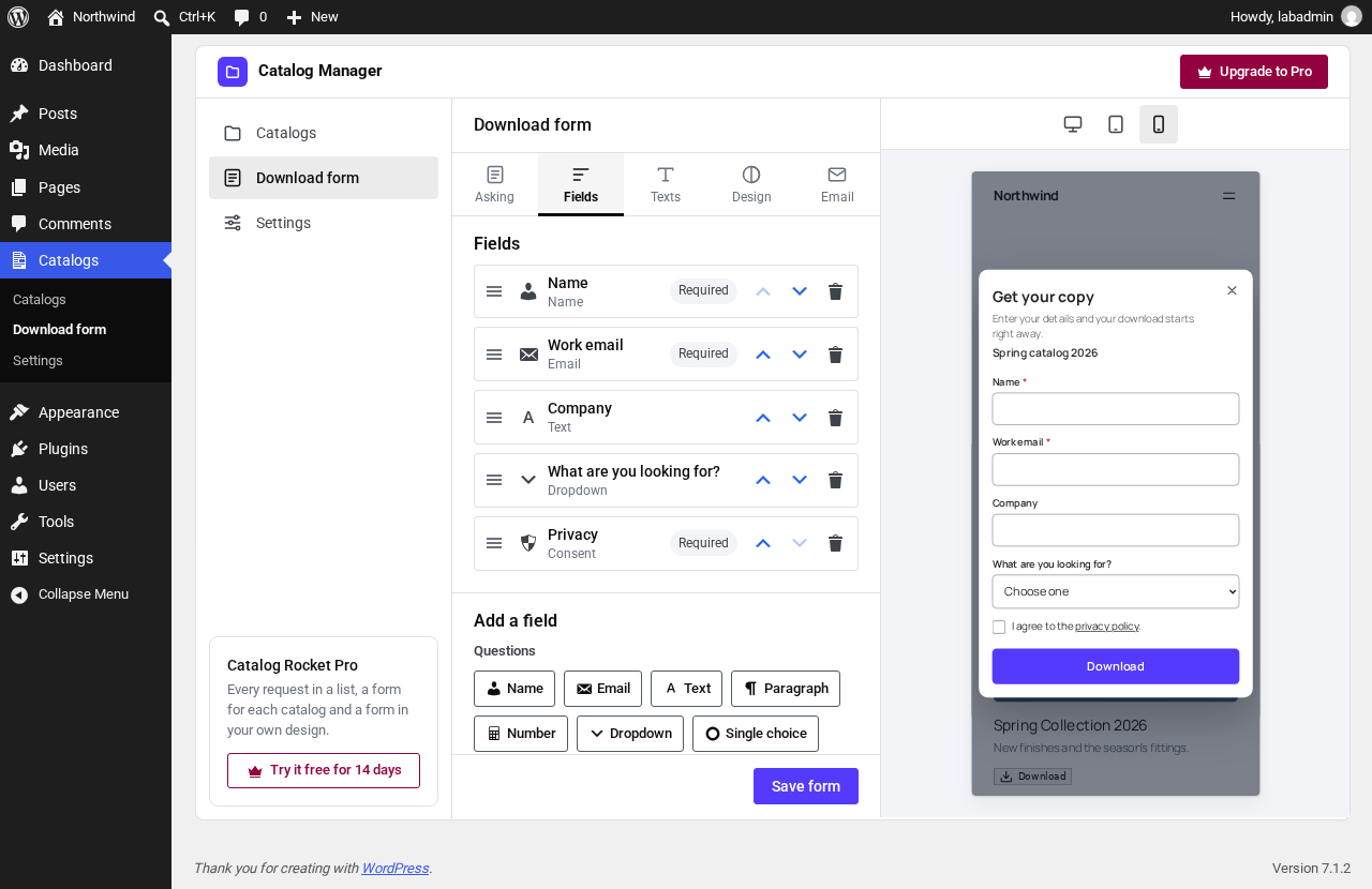 Build the form yourself under Catalogs → Download form, with your own page beside it at desktop, tablet or phone size.