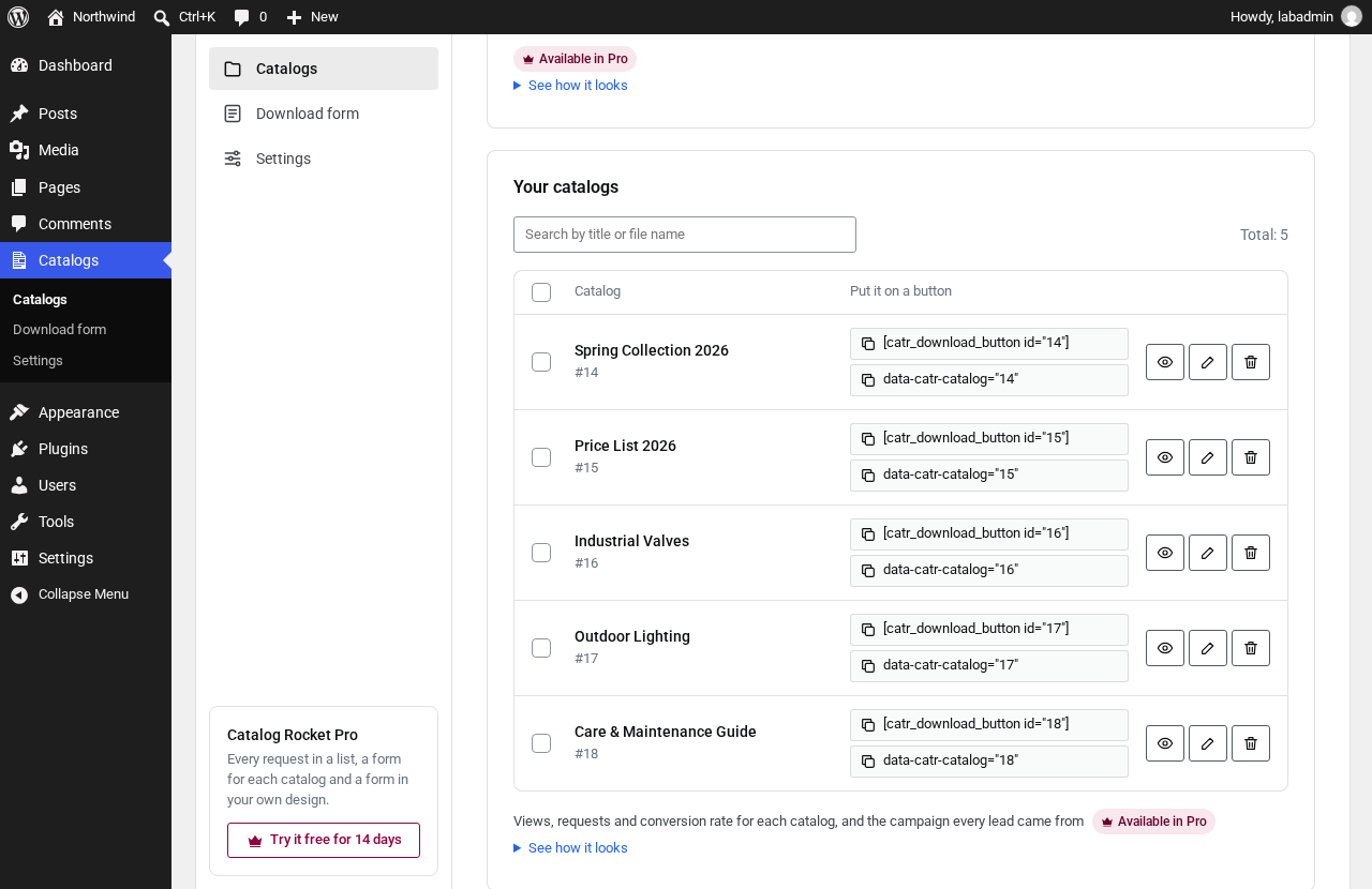 Manage your PDF catalogs from one screen and copy the shortcode or the attribute of each one.