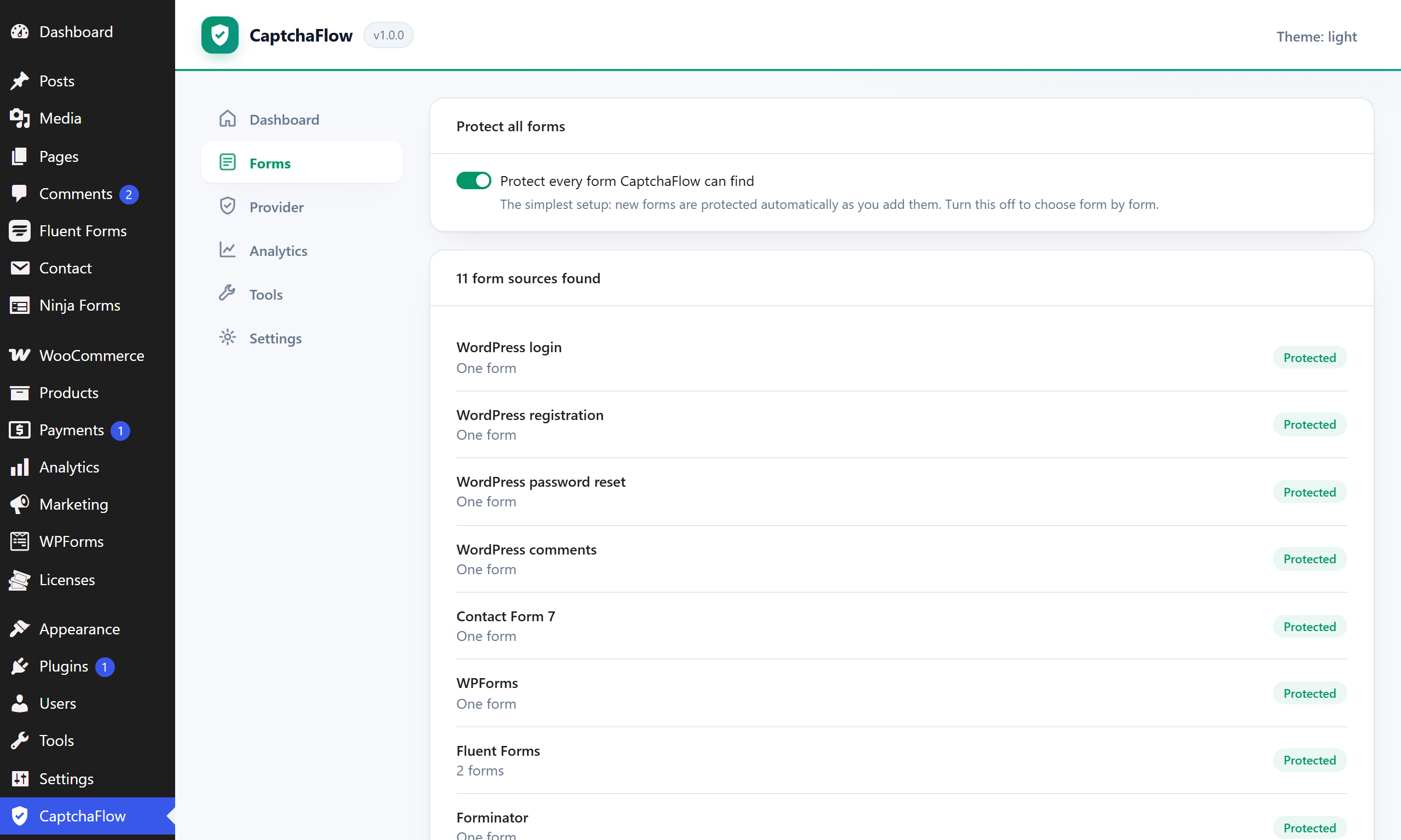 Forms — every detected form source with one protect-all switch.