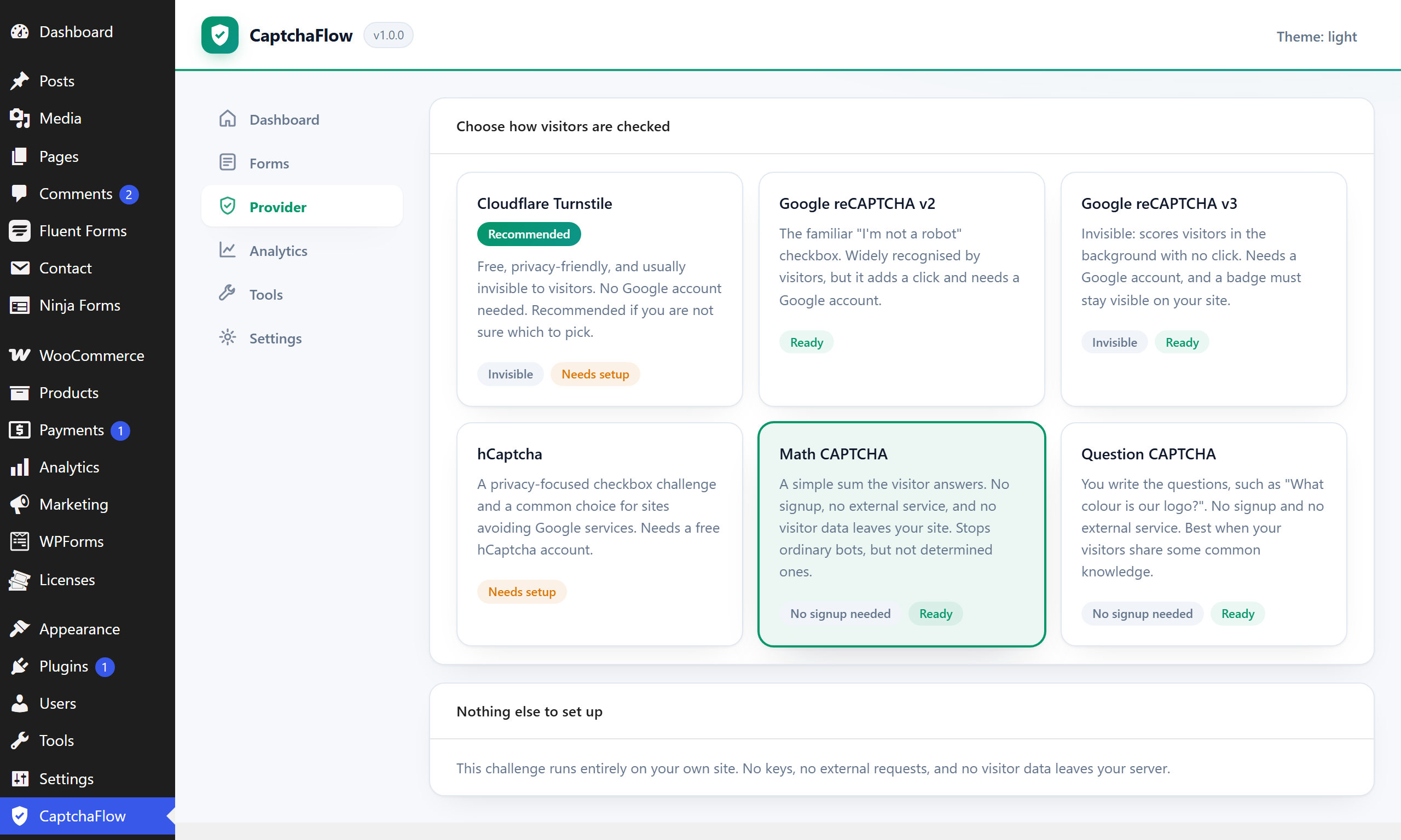 Provider — challenge cards with plain-language trade-offs and key testing.