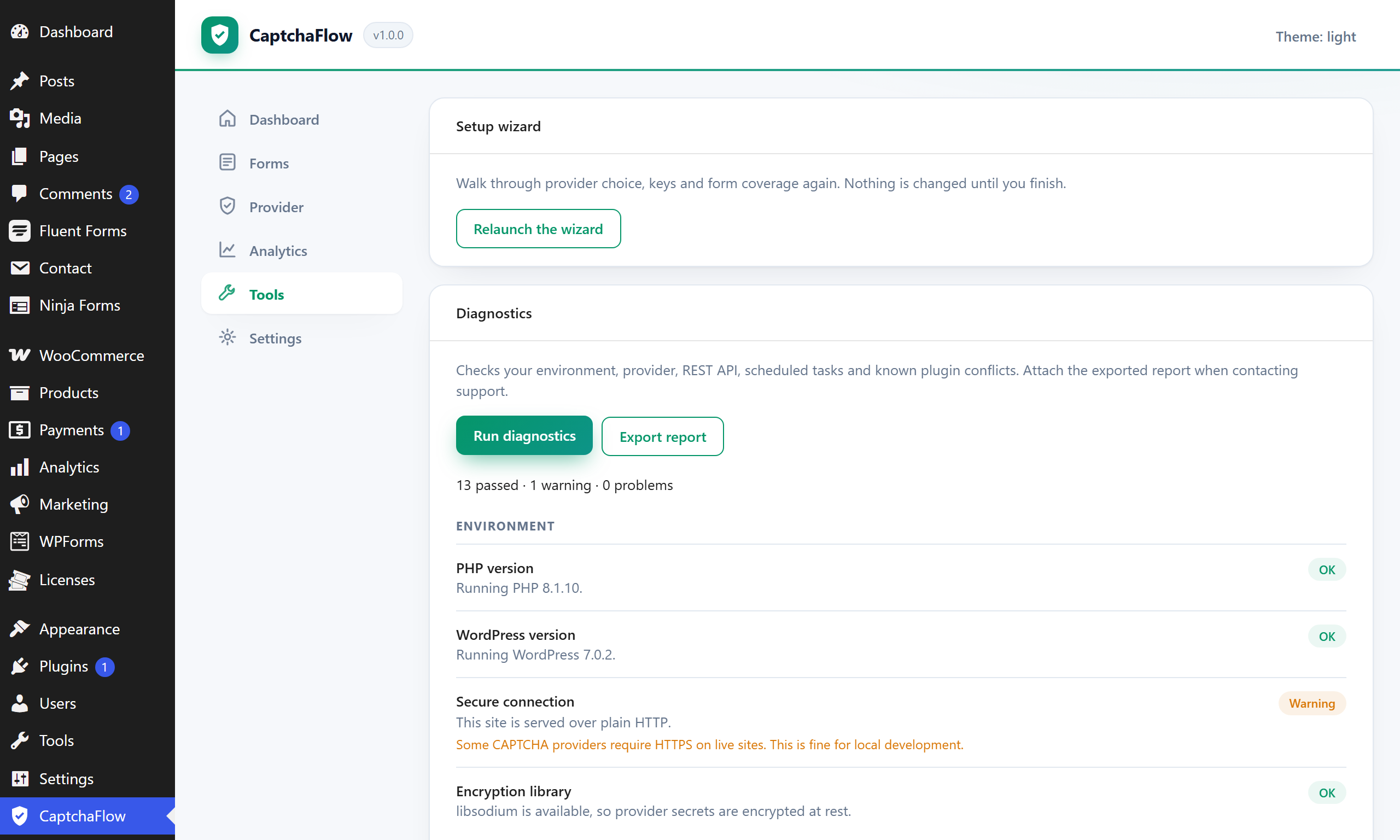 Tools — one-click diagnostics and the theme compatibility checker.