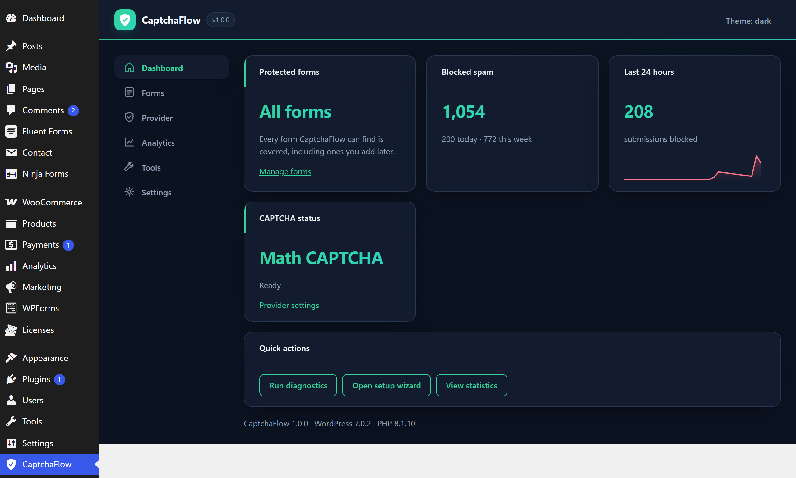 Dark mode — the whole admin, at night.