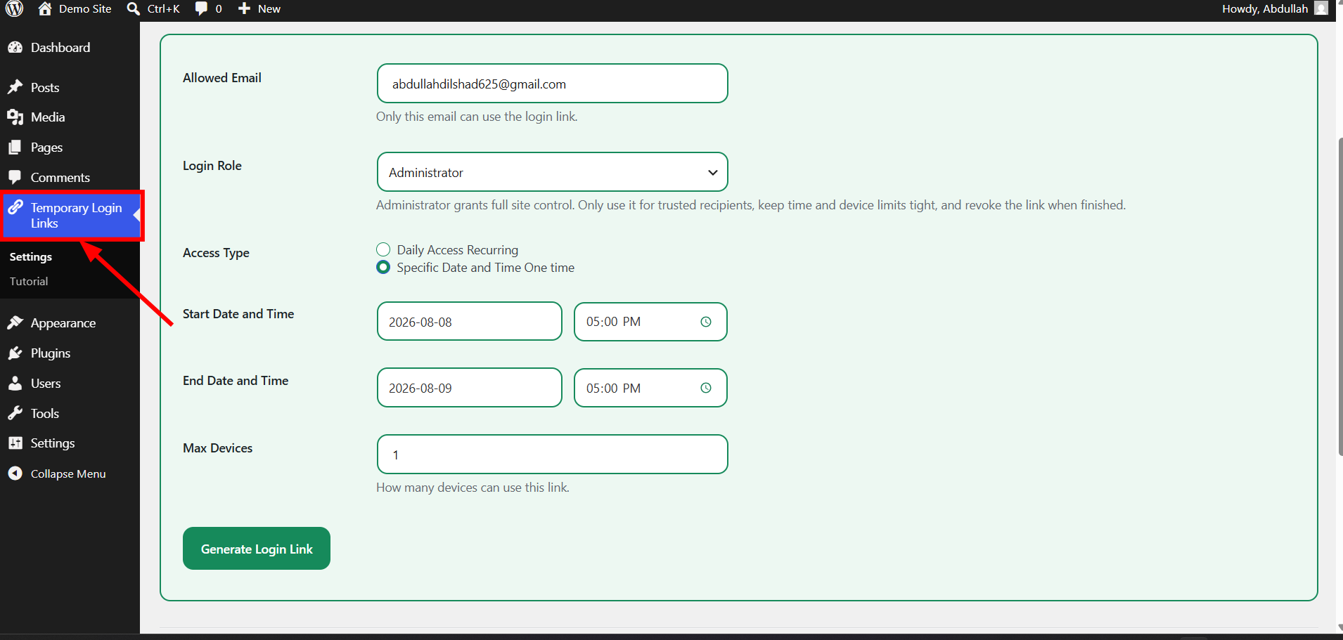 Screenshot 1: Create new TempLogix Temporary Login link