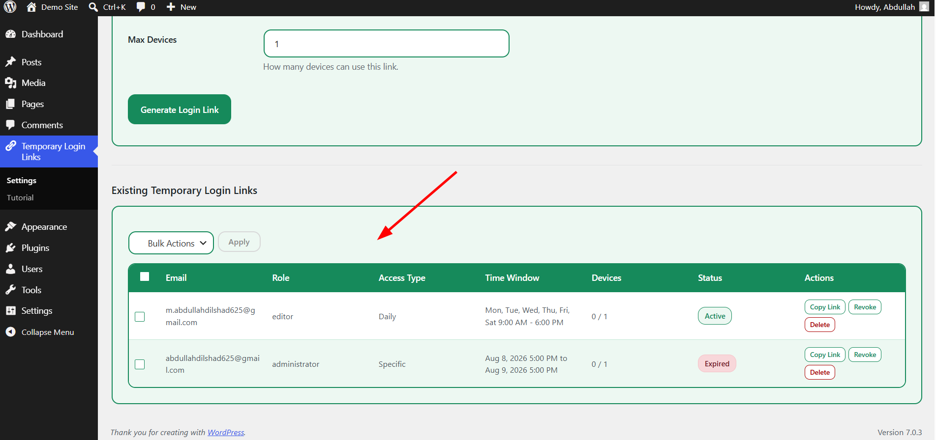 Screenshot 2: Admin table showing active and expired login links