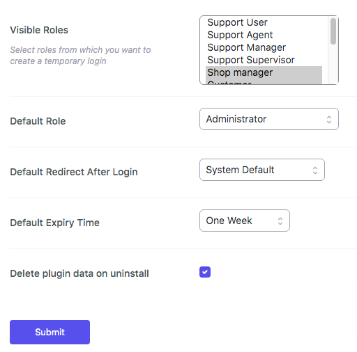 Temporary Login settings panel.