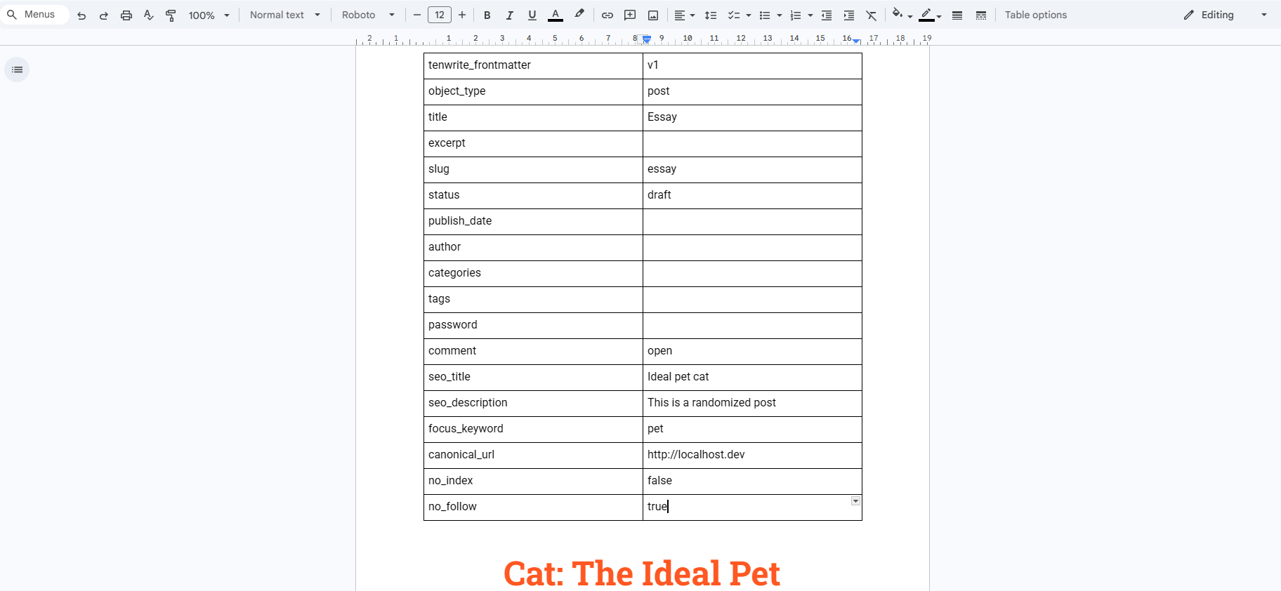Set SEO fields directly in Google Docs frontmatter.