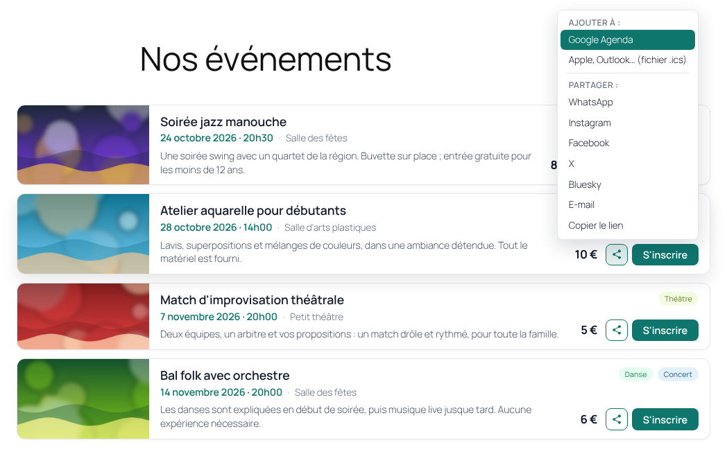 List view, with the "Add to my calendar" / "Share" menu.