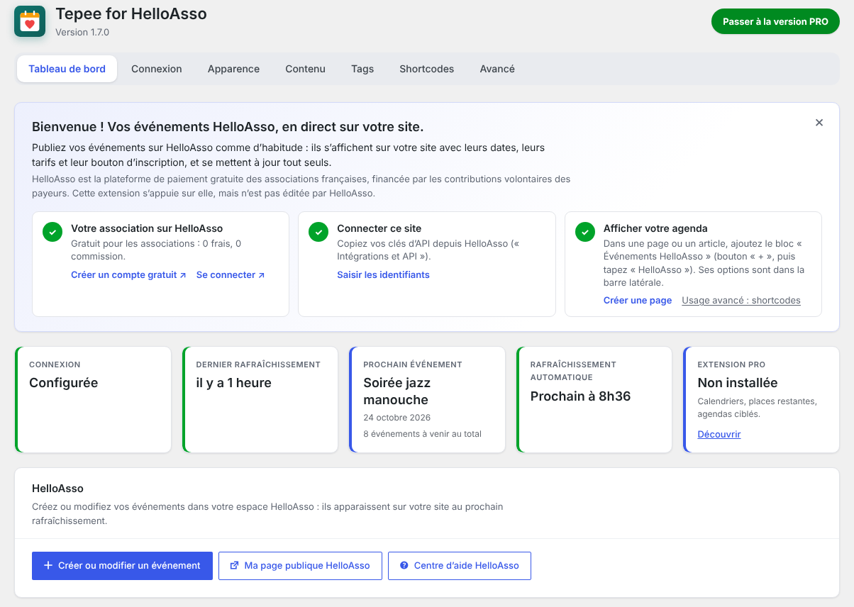 The Dashboard: welcome message with the setup steps, and synchronization status.