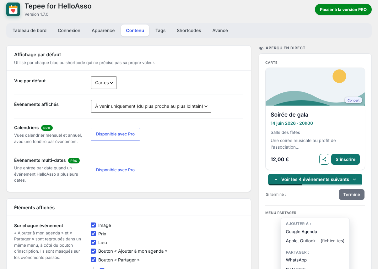 The Content tab: default display, displayed elements and texts.
