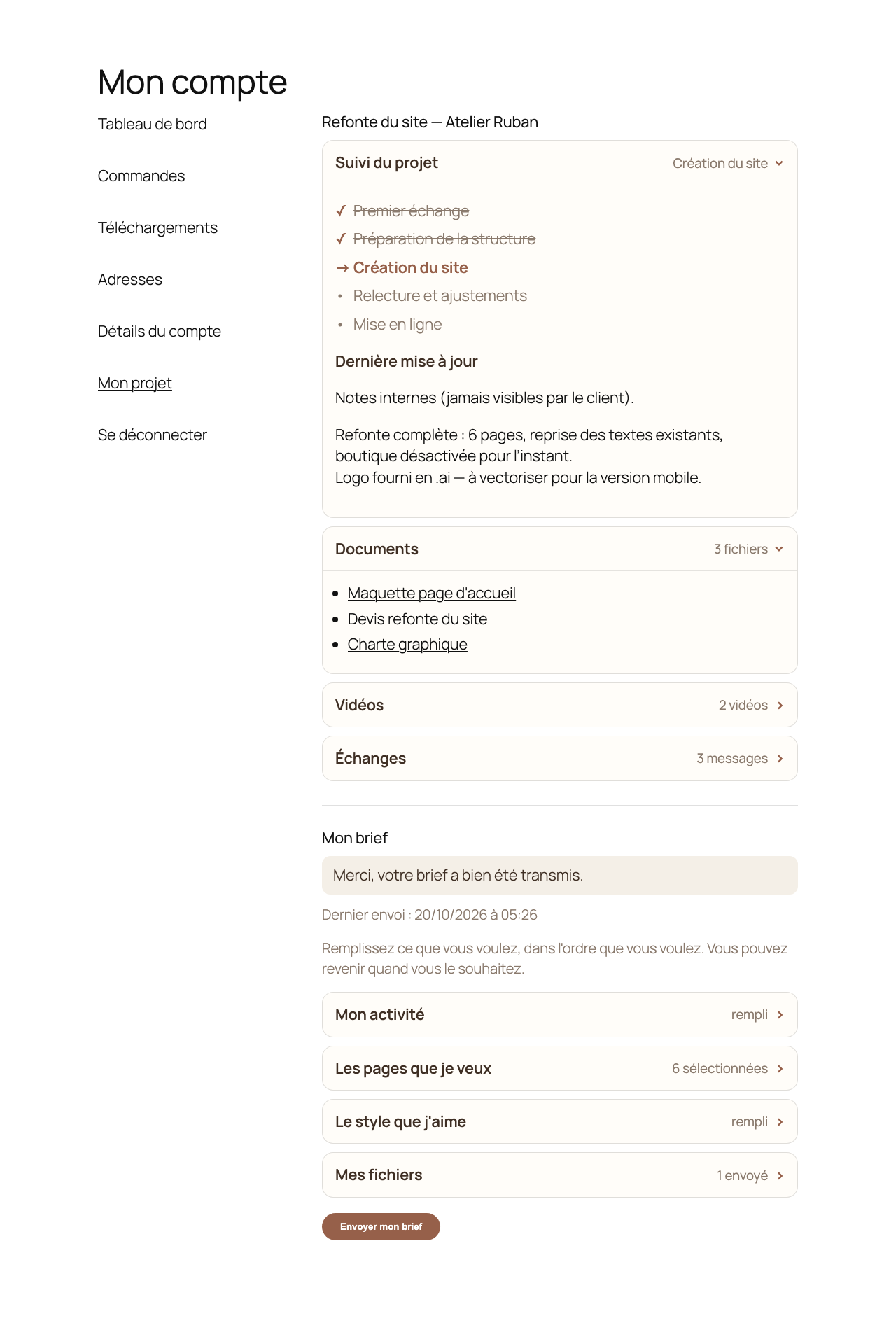 The client area: where the project stands, and the documents shared with the client