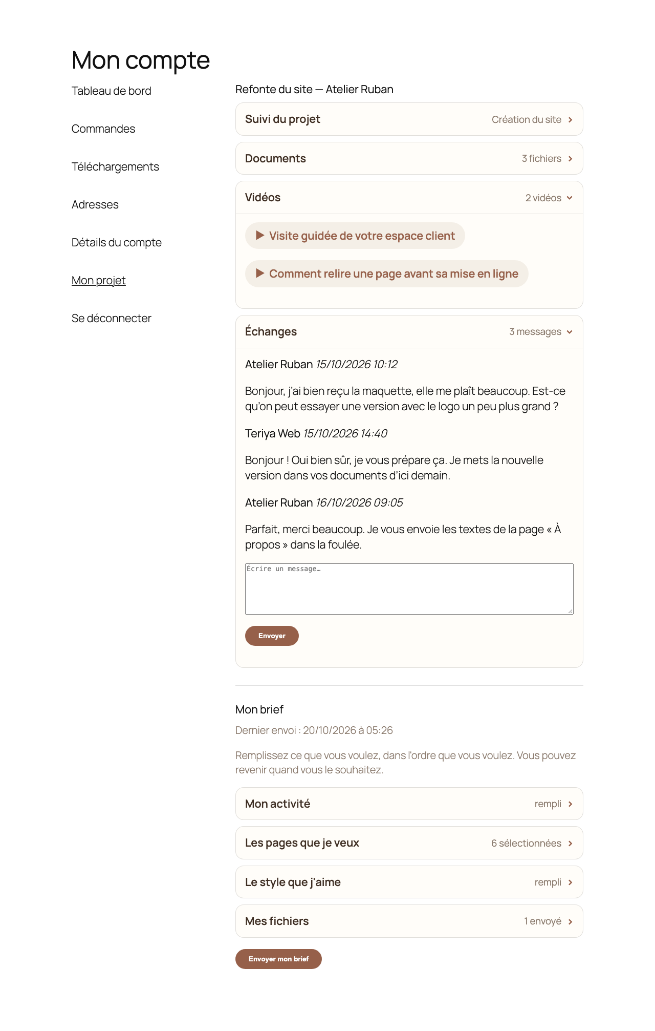 Videos and the message thread, inside the WooCommerce account