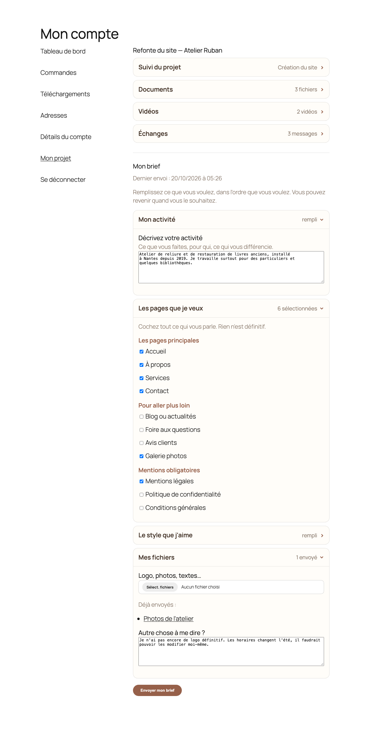 The brief, filled in by the client, with private file upload