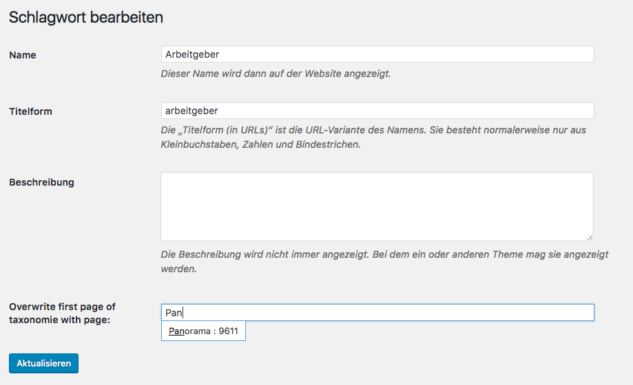 Admin view for a tag where you can add the relation to a page in the autocomplete field.
