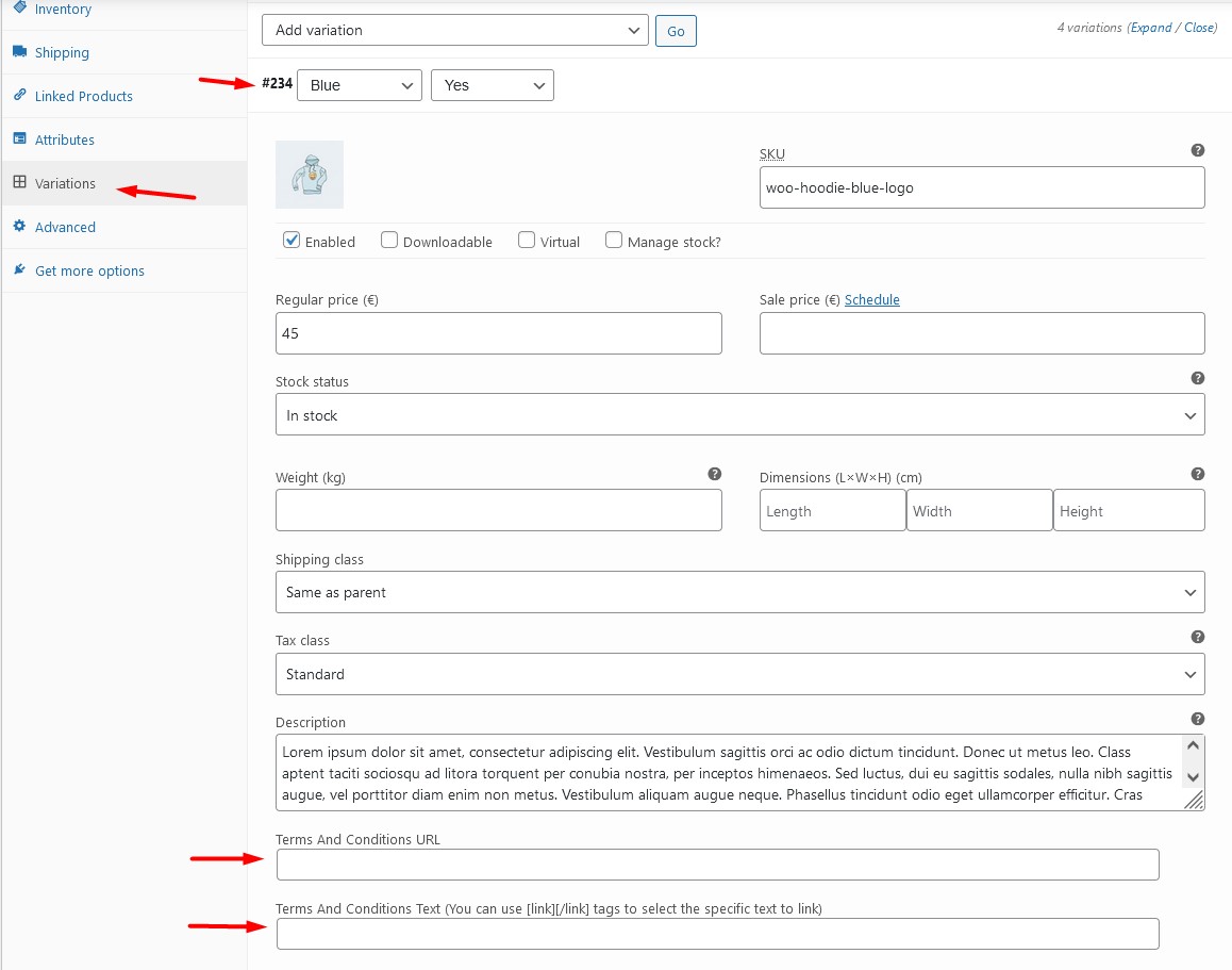 Product variations' custom terms and conditions fields.