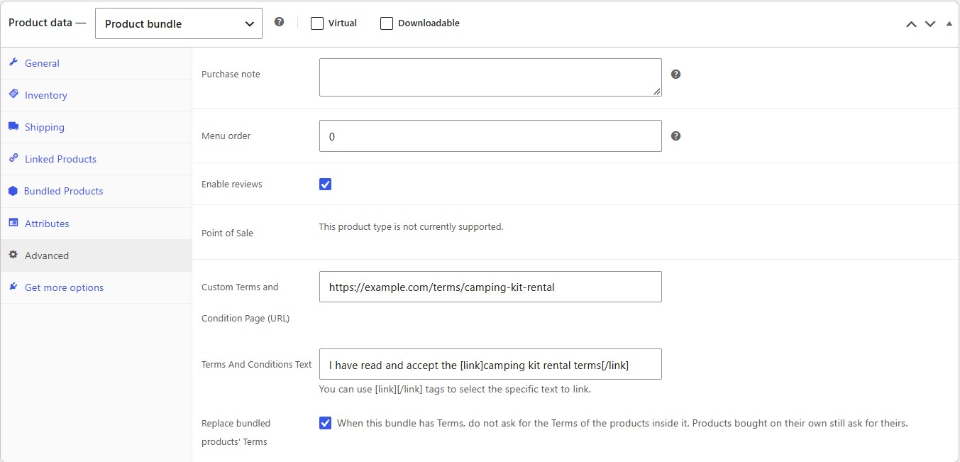 Product Bundles: the bundle's Terms can replace the Terms of every product inside it.