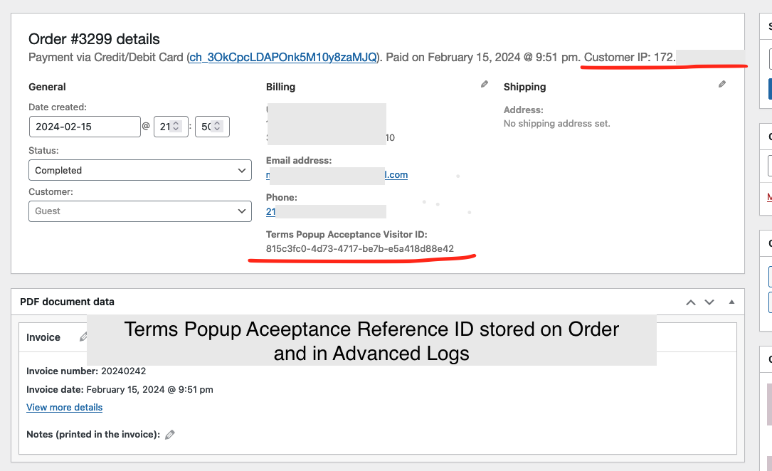 WooCommerce Order is updated with term acceptance reference ID