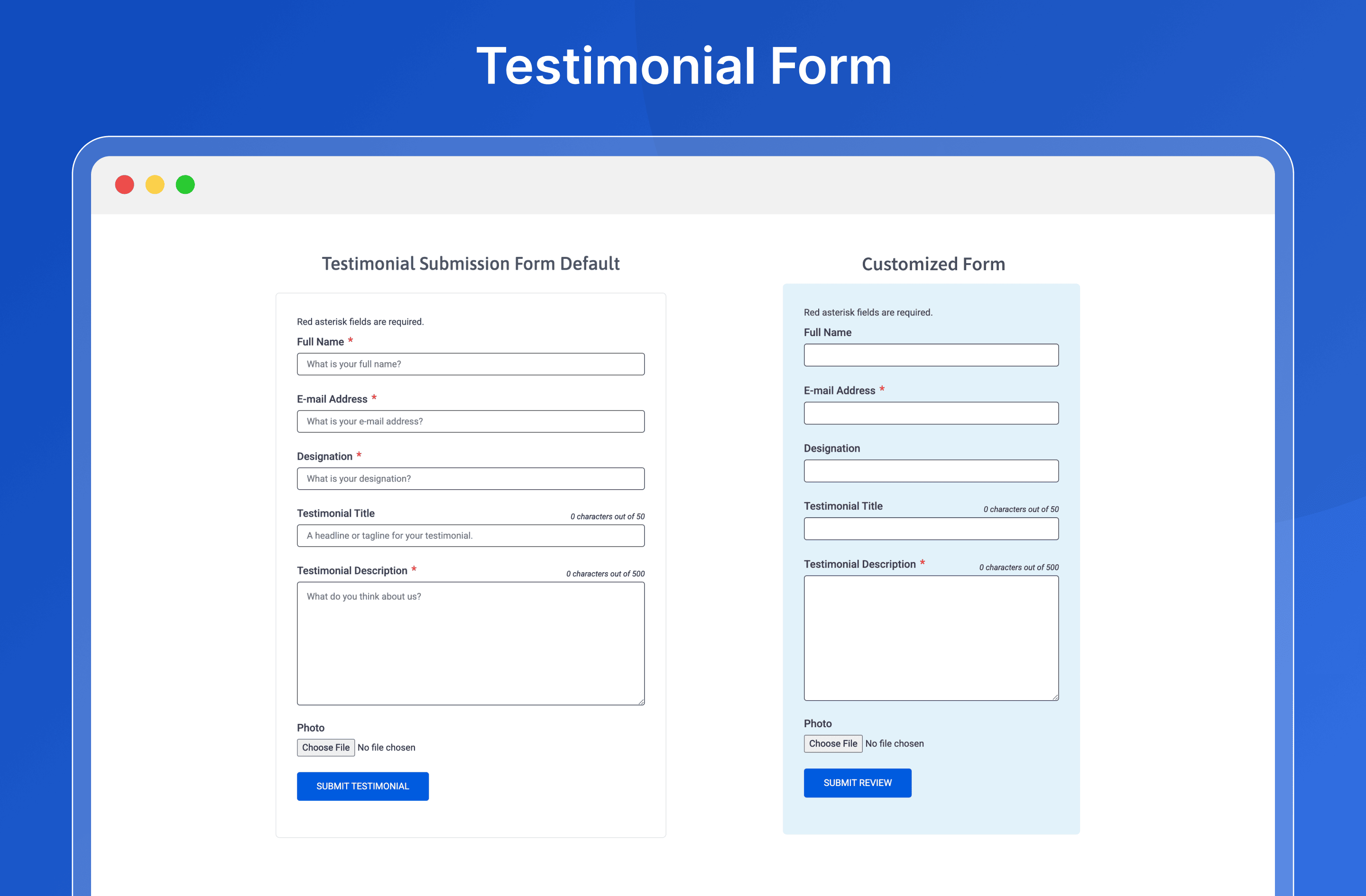 Testimonial Form with Shortcode