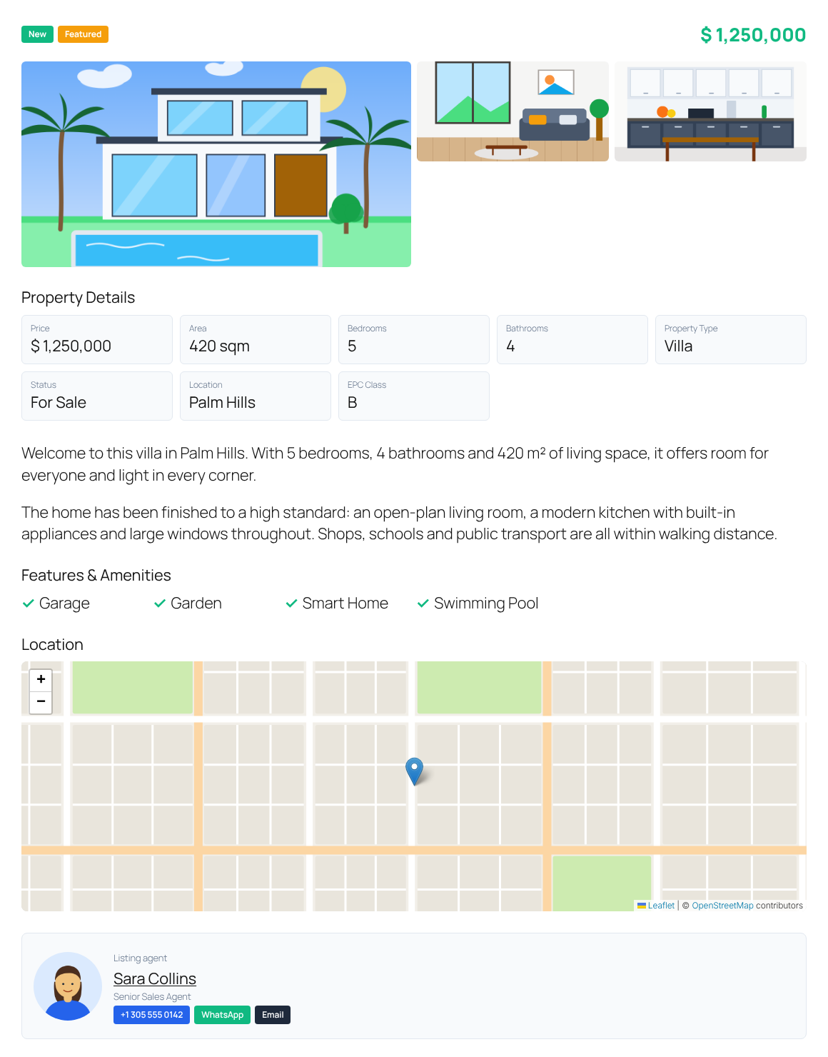Automatic property page with gallery, details, map and agent card.