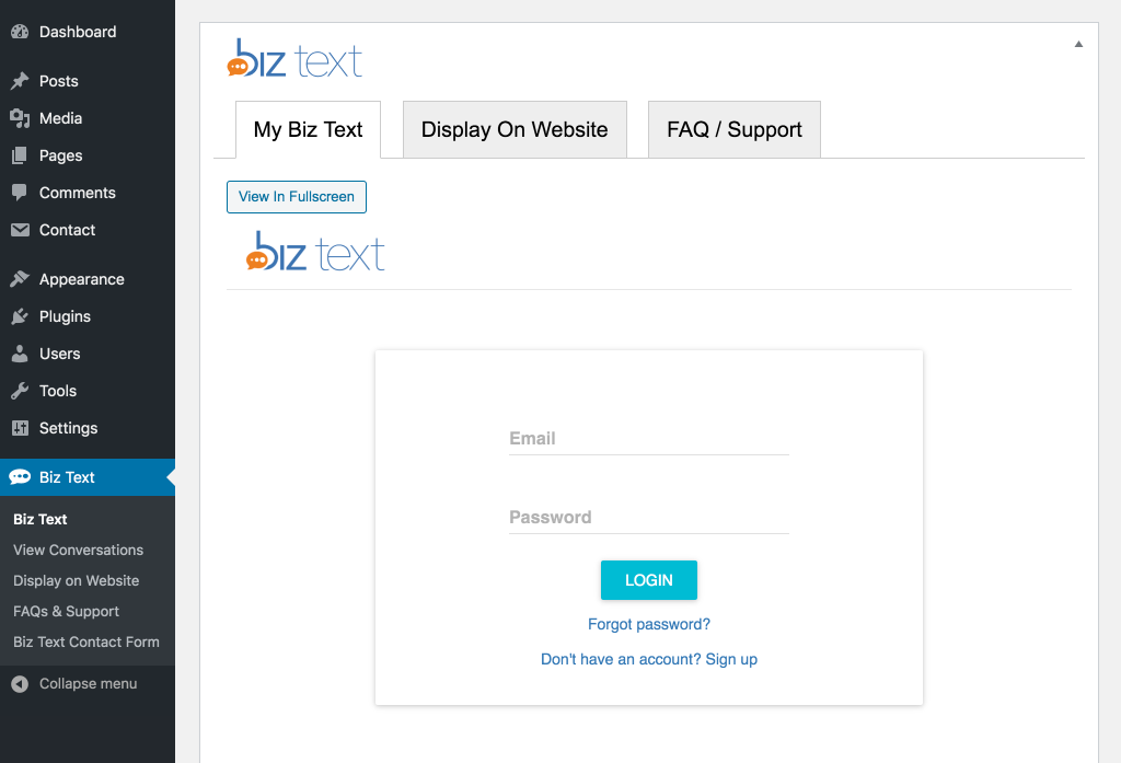 Login To Plugin - Login with your existing Biz Text account or click on a link to sign up for a new Biz Text account screenshot-1.(png|jpg|jpeg|gif).