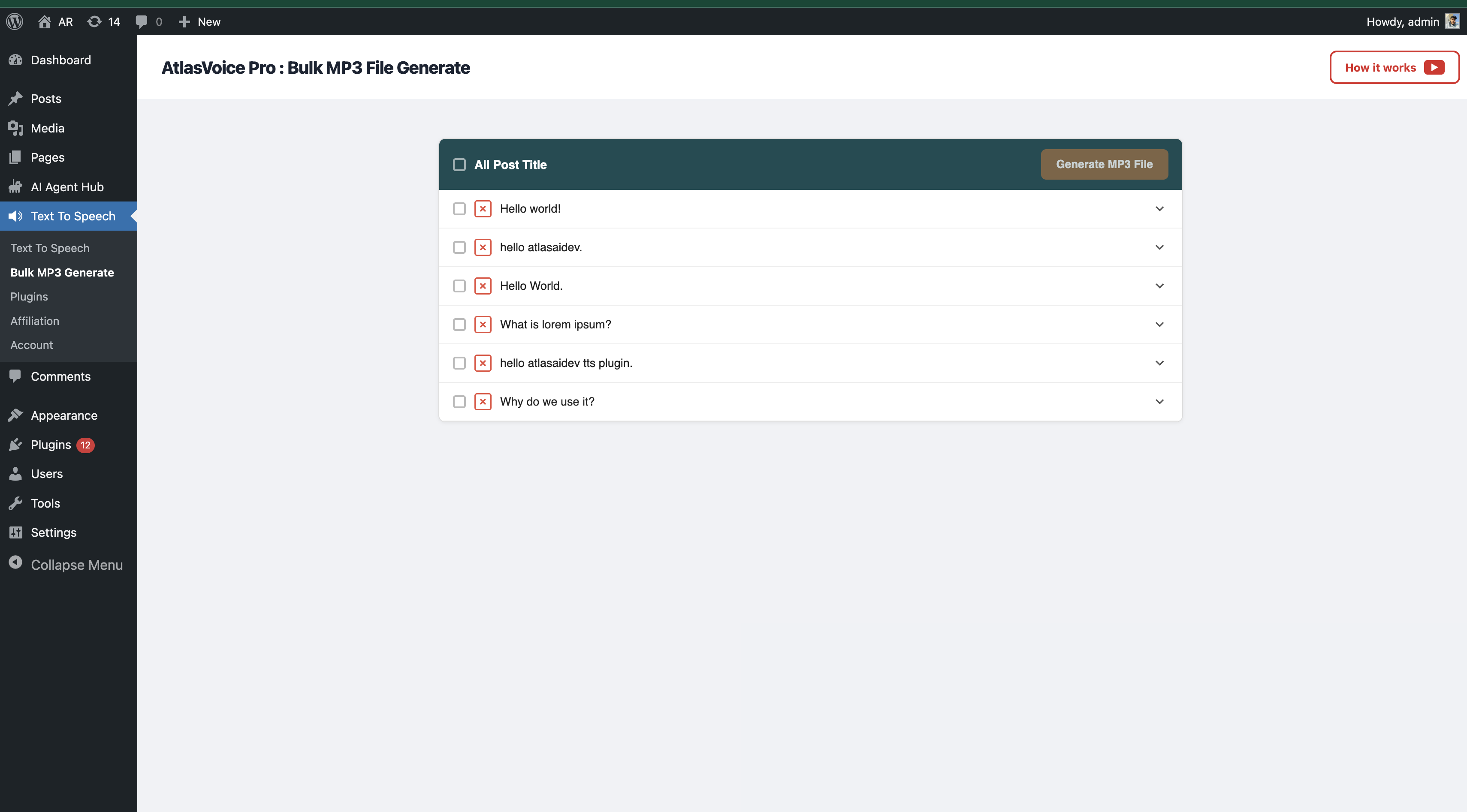 Bulk MP3 generation from the WordPress posts list.