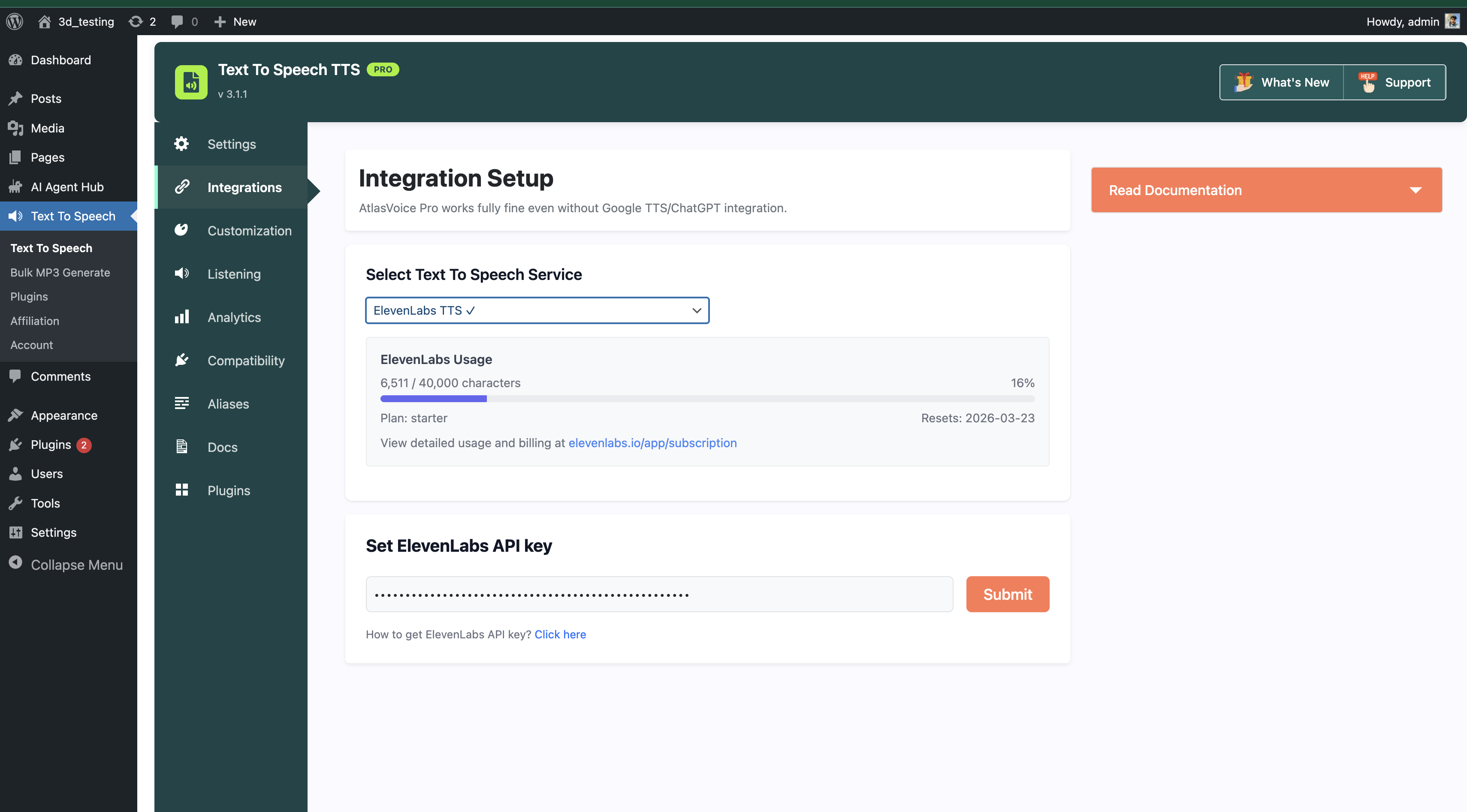 ElevenLabs usage tracking with character count and subscription details.