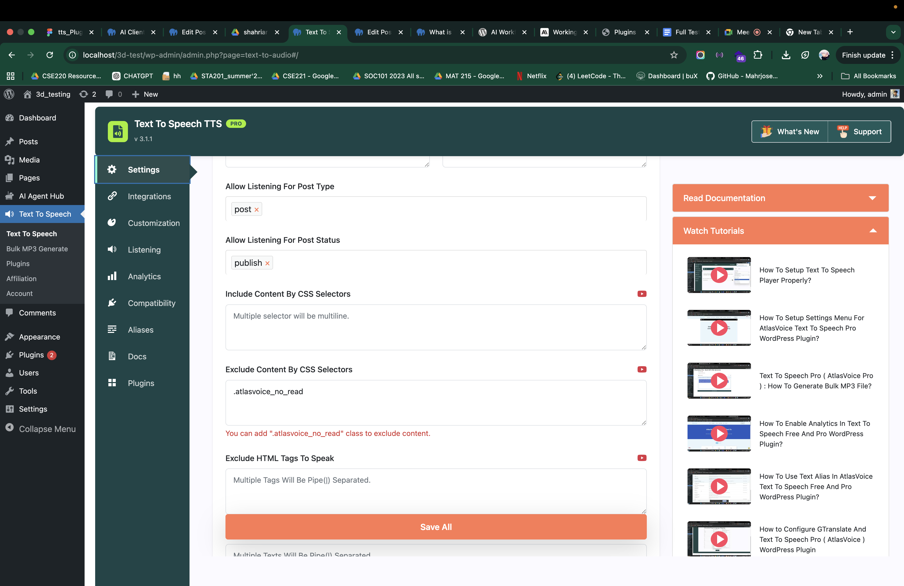 Settings page with content controls, exclusions, and post type selection.