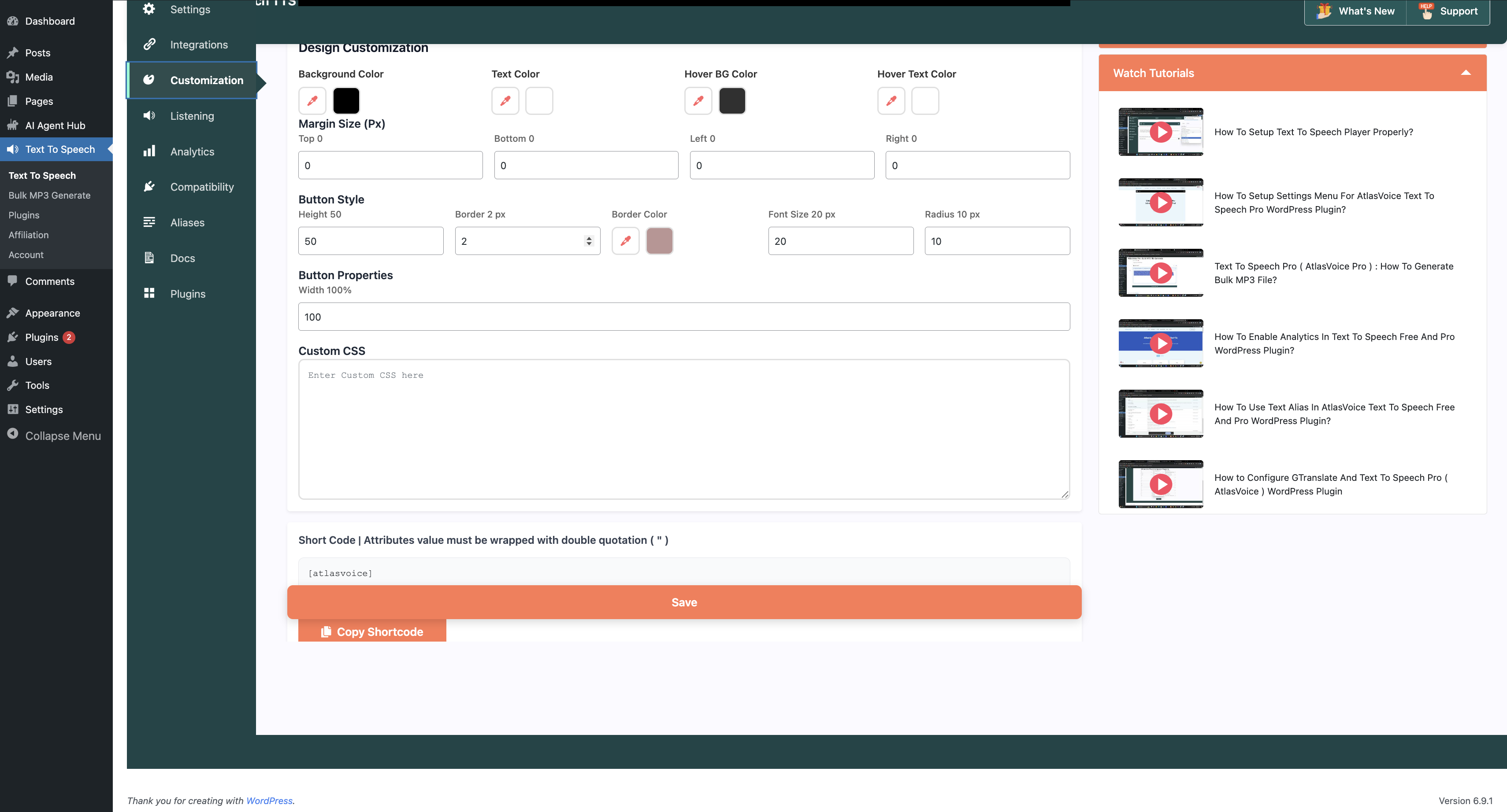 Player customization — colors, width, border radius, and margin settings.