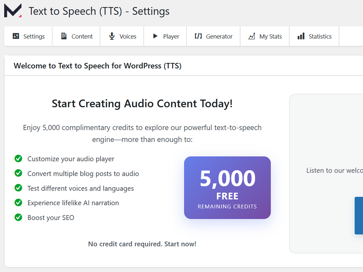 Dashboard – 5 000 free credits ready to use
