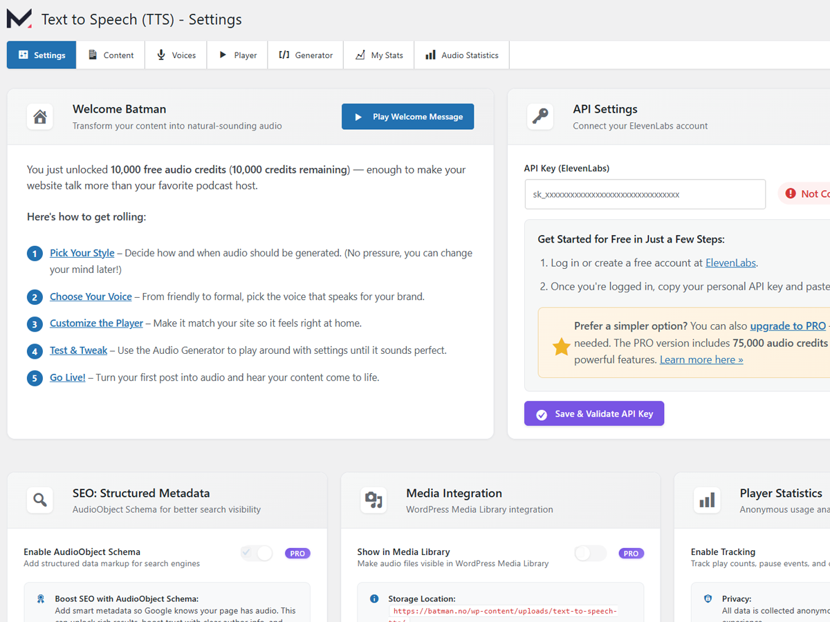 Dashboard – 10 000 free text-to-speech credits ready to use
