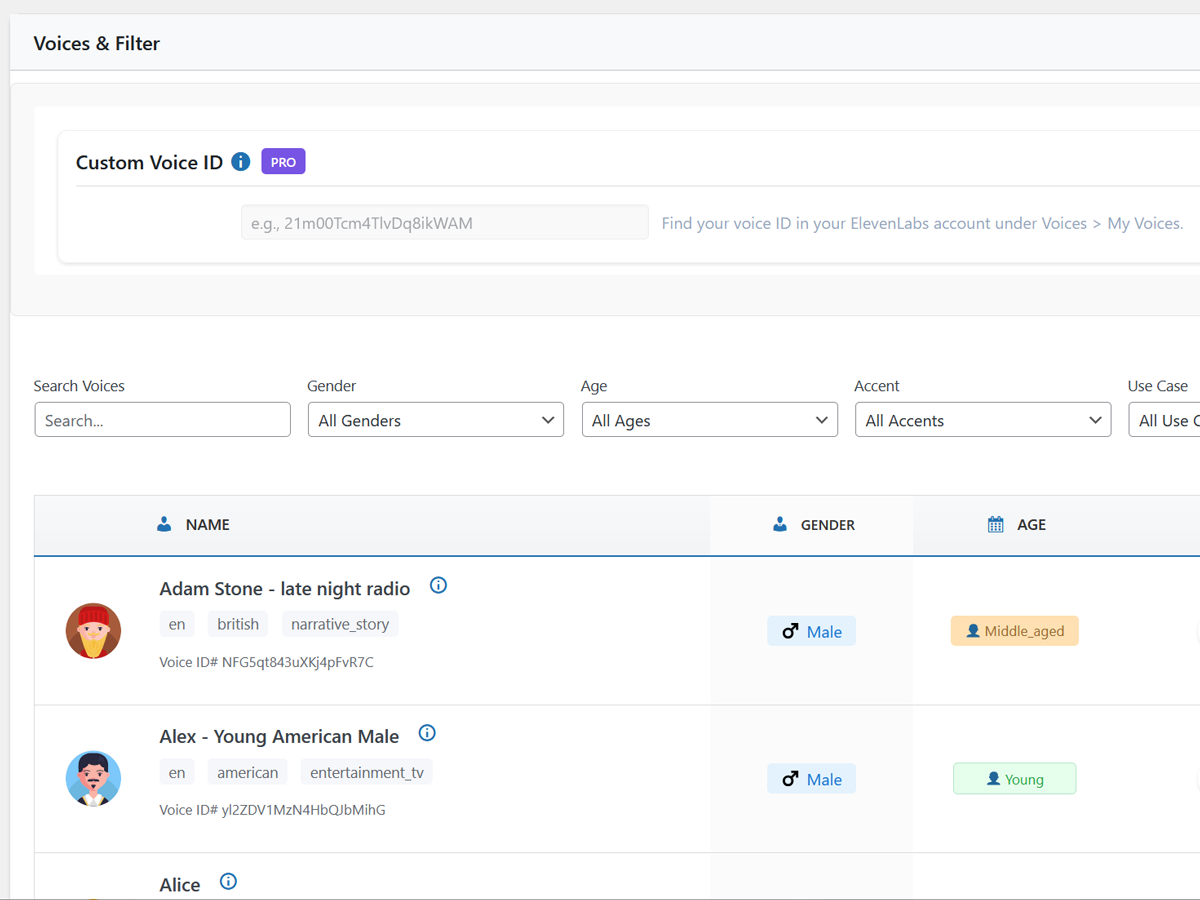 Voice &amp; language selector (700+ combinations in PRO)